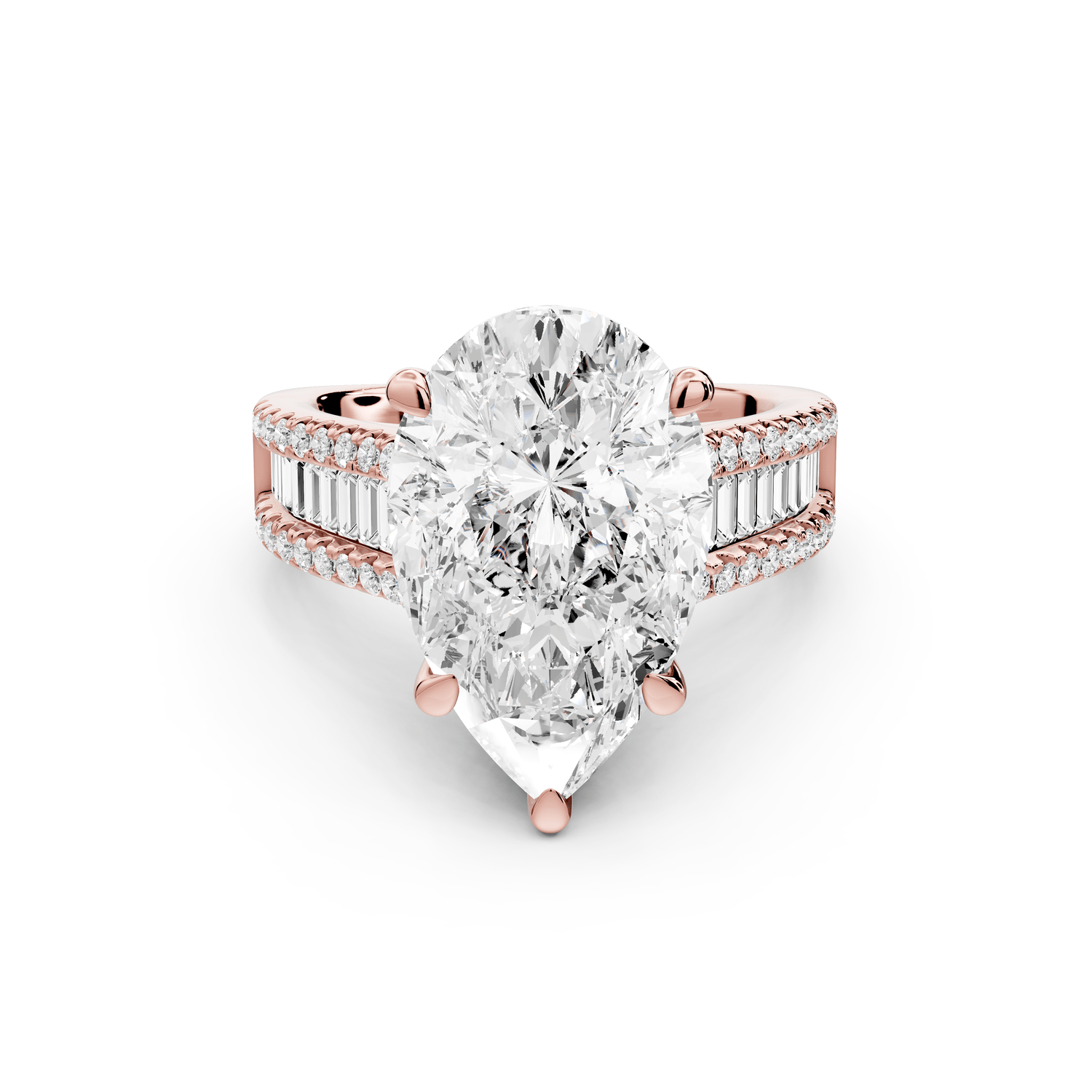 Estelle - 5ct 18k rose gold pear diamond with emerald and round cut accent stones half band cathedral engagamengt ring - Mr. Alex Jewelry