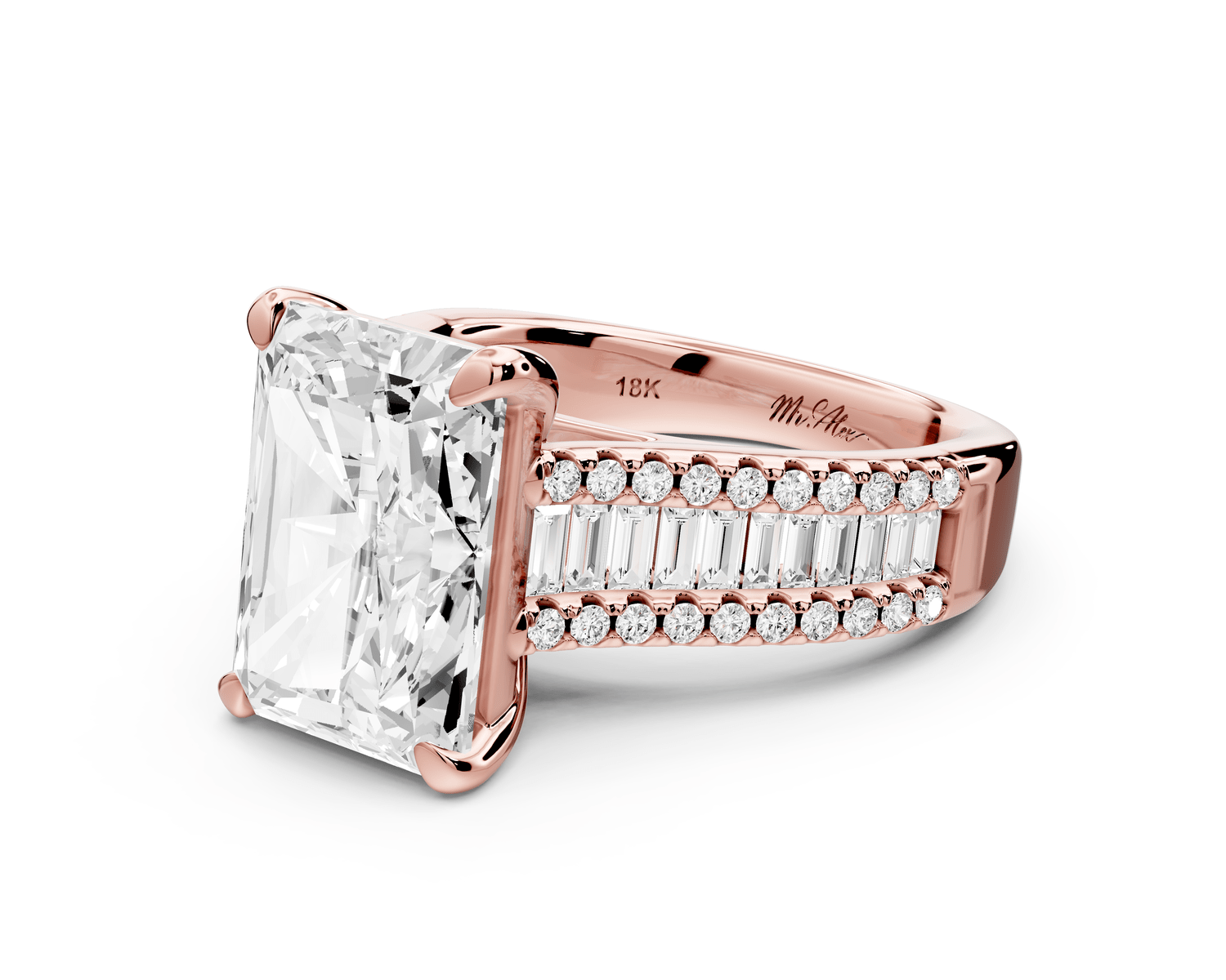 Estelle - 5ct 18k rose gold radiant diamond with emerald and round cut accent stones half band cathedral engagement ring - Mr. Alex Jewelry