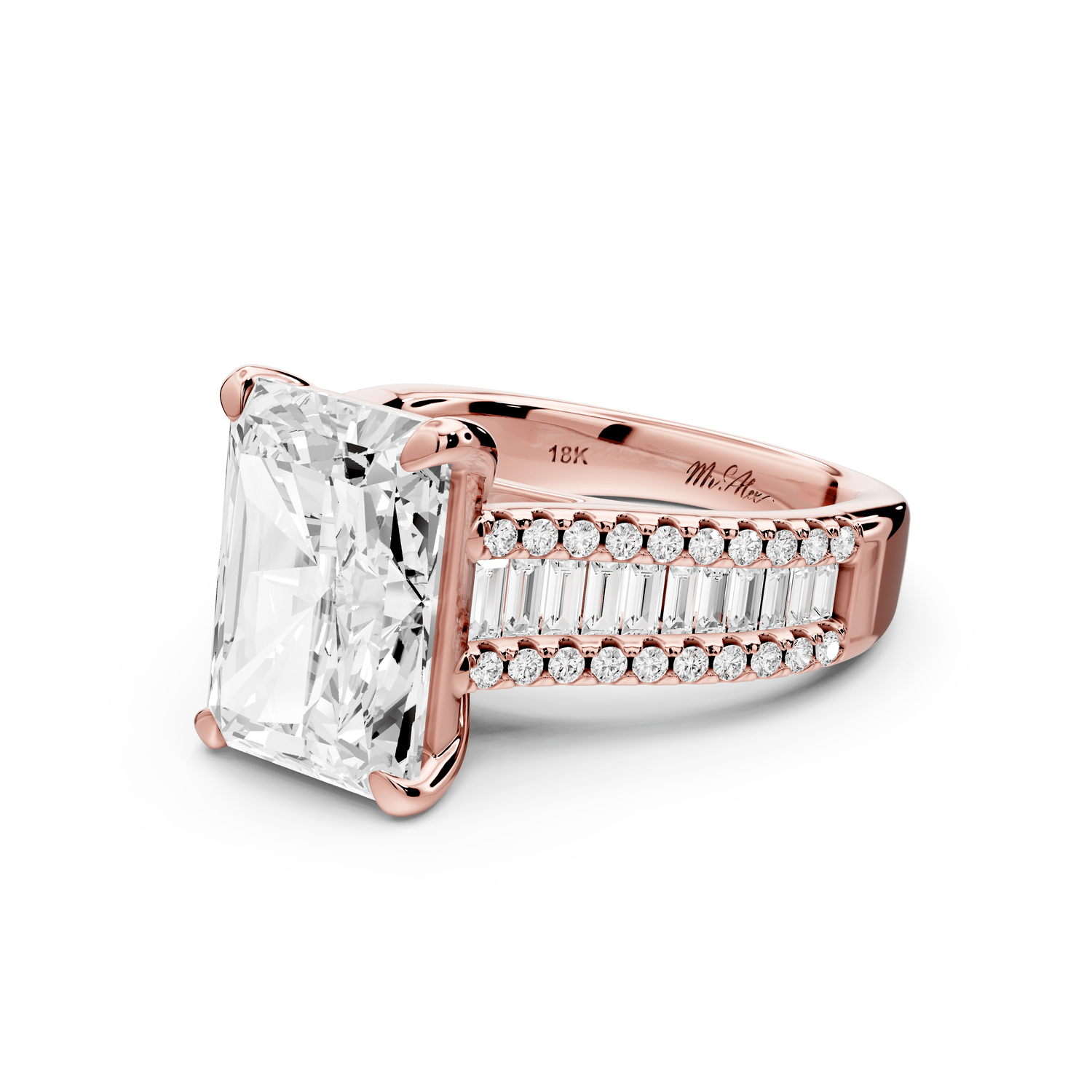 Estelle - 5ct 18k rose gold radiant diamond with emerald and round cut accent stones half band cathedral engagement ring - Mr. Alex Jewelry