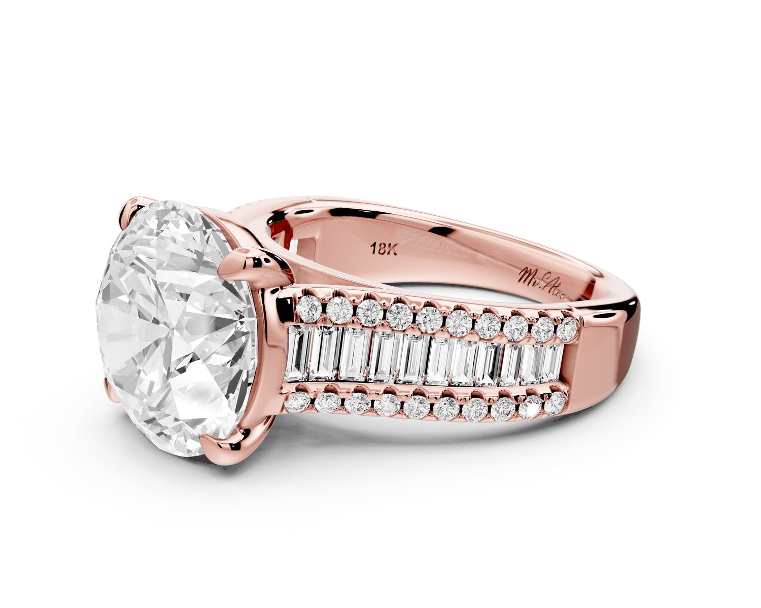 Estelle - 5ct 18k rose gold round diamond with emerald and round cut accent stones half band cathedral engagamengt ring - Mr. Alex Jewelry