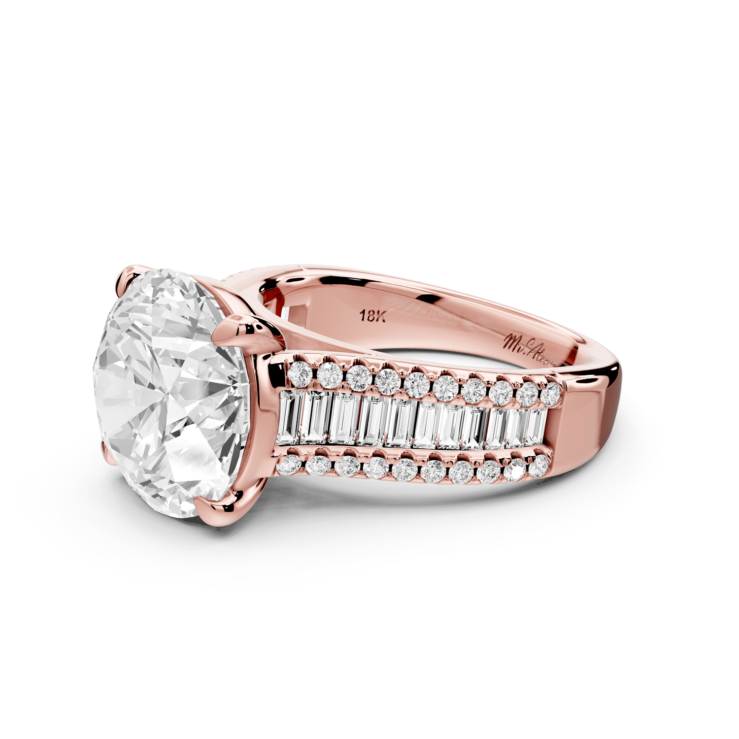 Estelle - 5ct 18k rose gold round diamond with emerald and round cut accent stones half band cathedral engagamengt ring - Mr. Alex Jewelry