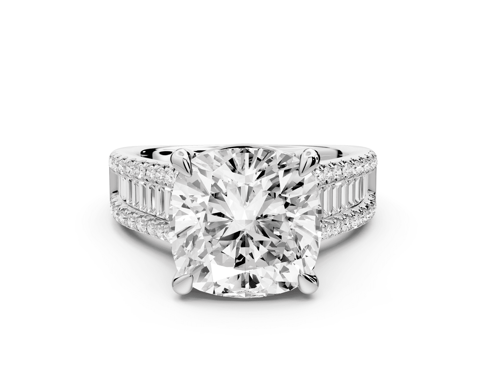 Estelle - 5ct 18k white gold cushion diamond with emerald and round cut accent stones half band cathedral engagement ring - Mr. Alex Jewelry