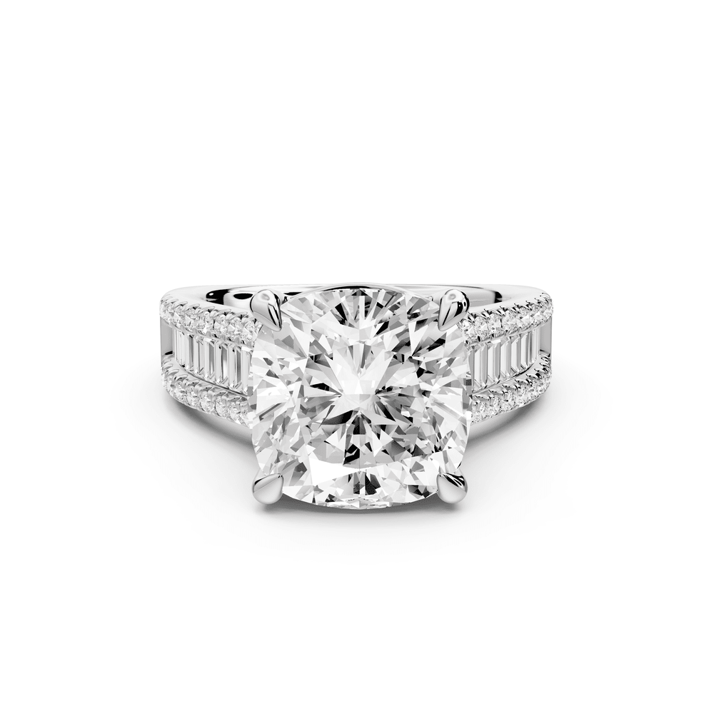 Estelle - 5ct 18k white gold cushion diamond with emerald and round cut accent stones half band cathedral engagement ring - Mr. Alex Jewelry