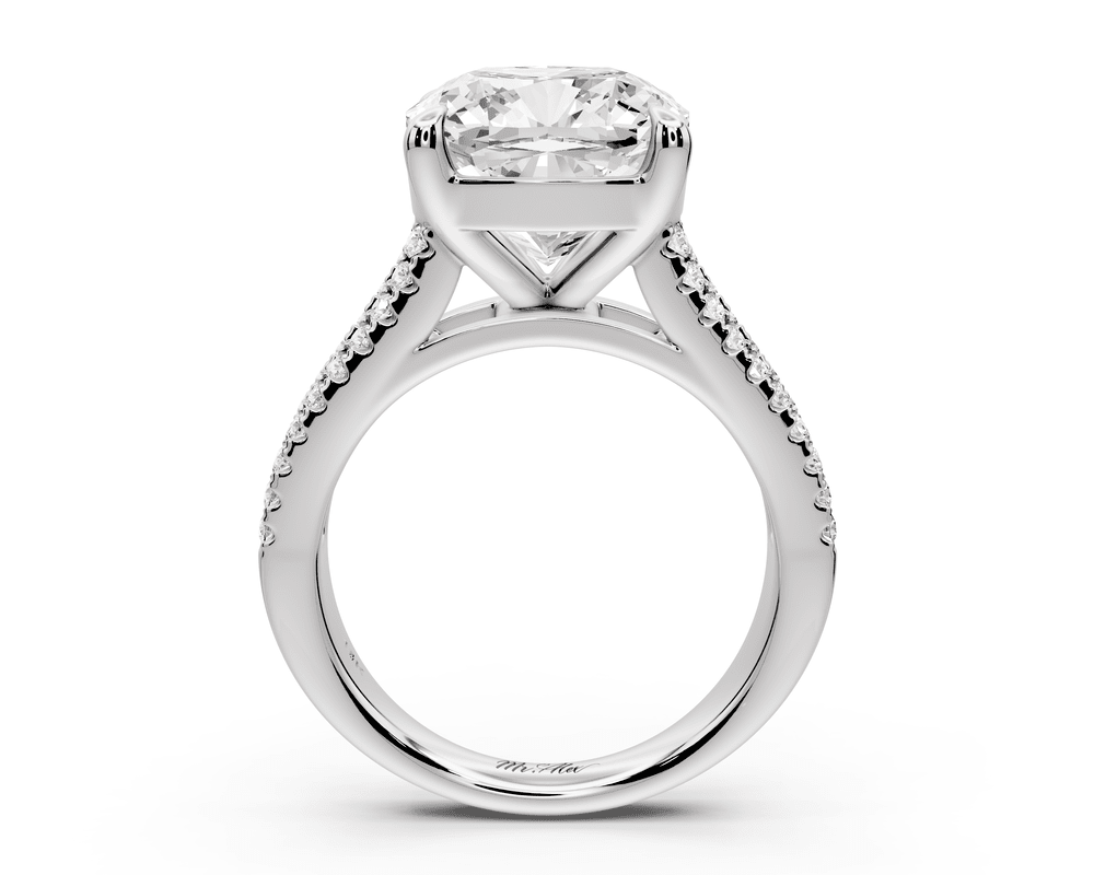 Estelle - 5ct 18k white gold cushion diamond with emerald and round cut accent stones half band cathedral engagement ring - Mr. Alex Jewelry