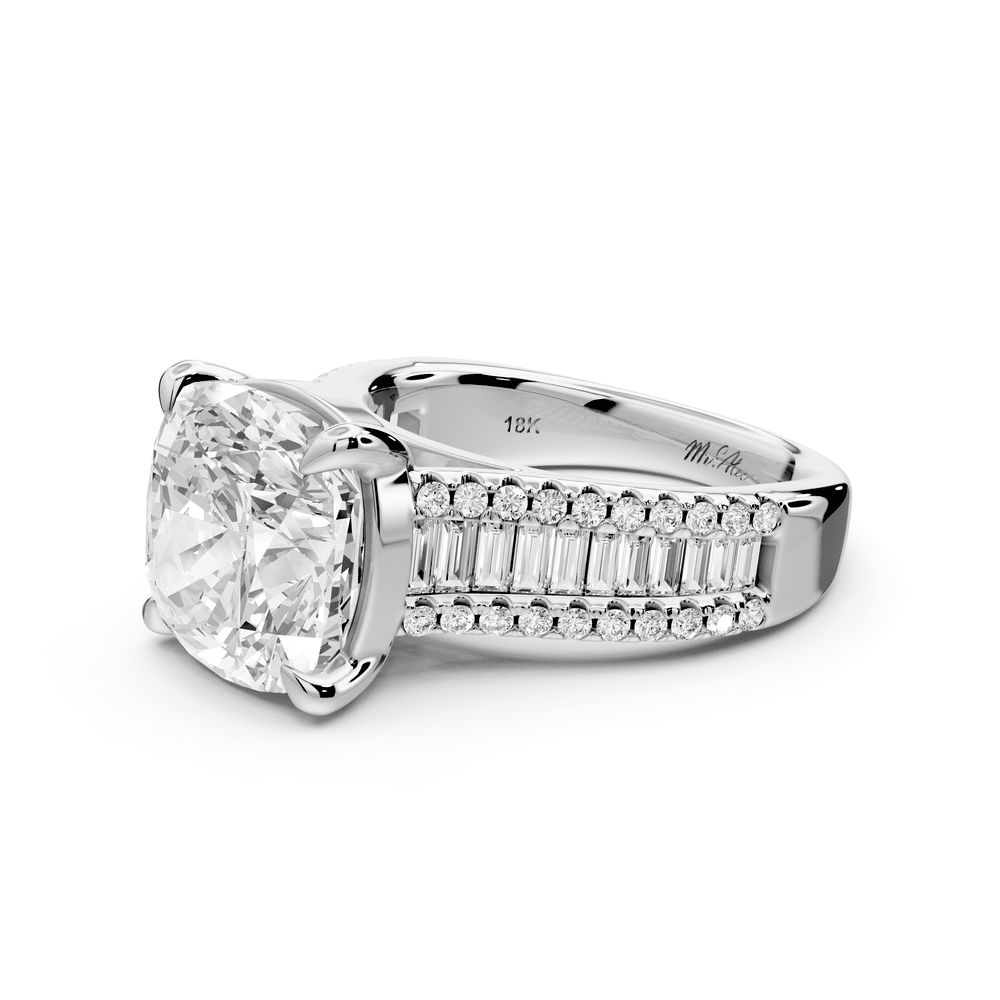 Estelle - 5ct 18k white gold cushion diamond with emerald and round cut accent stones half band cathedral engagement ring - Mr. Alex Jewelry