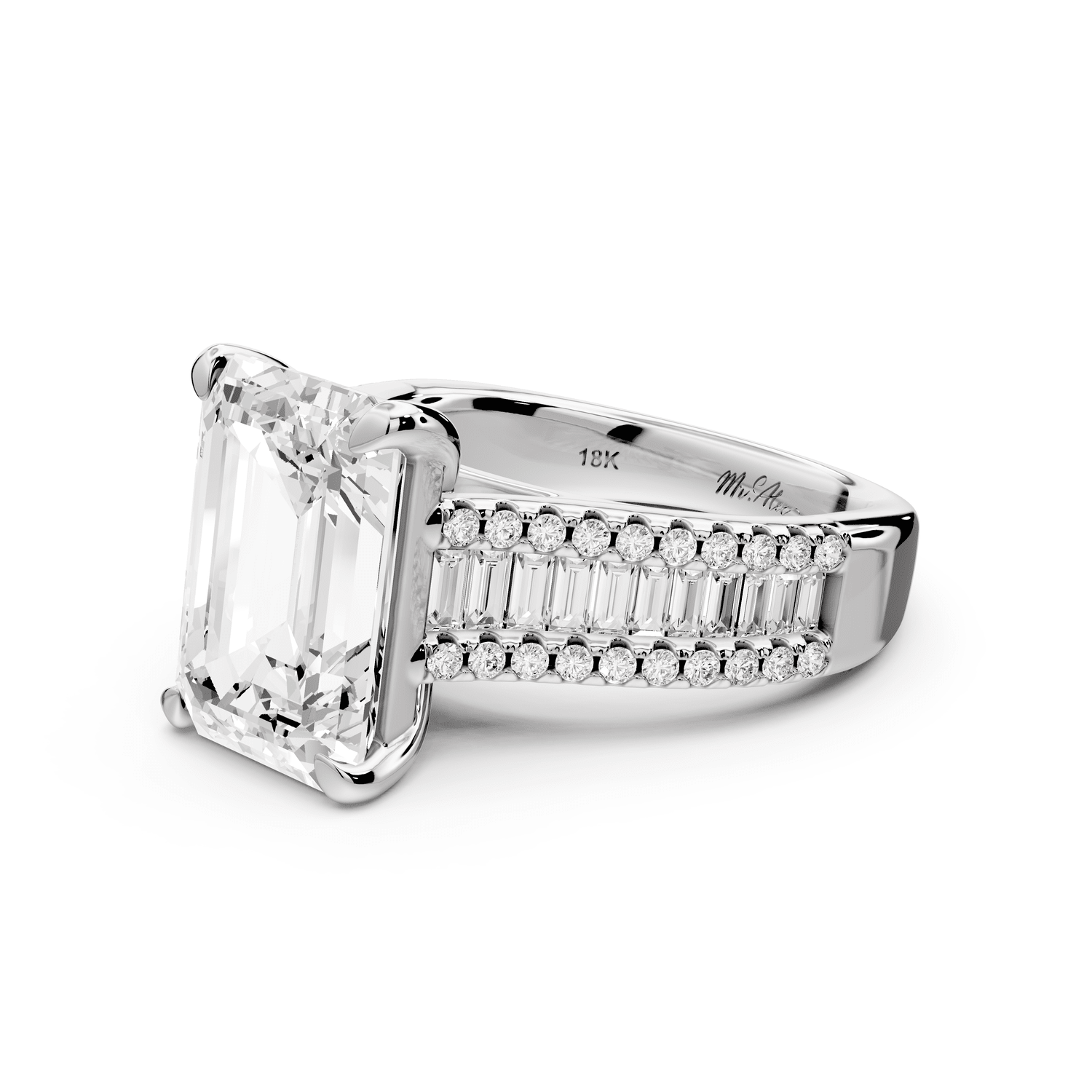 Estelle - 5ct 18k white gold emerald diamond with emerald and round cut accent stones half band cathedral engagamengt ring - Mr. Alex Jewelry