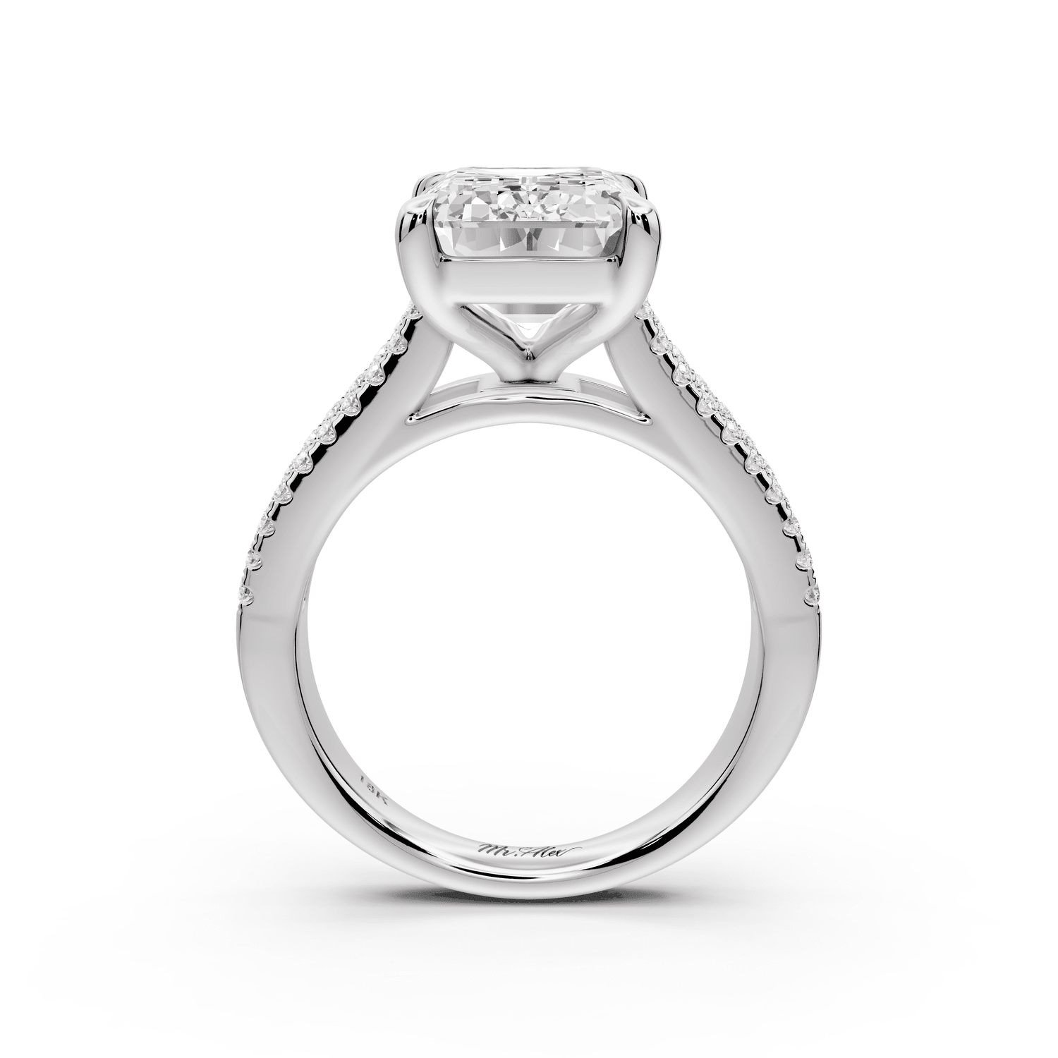 Estelle - 5ct 18k white gold emerald diamond with emerald and round cut accent stones half band cathedral engagamengt ring - Mr. Alex Jewelry