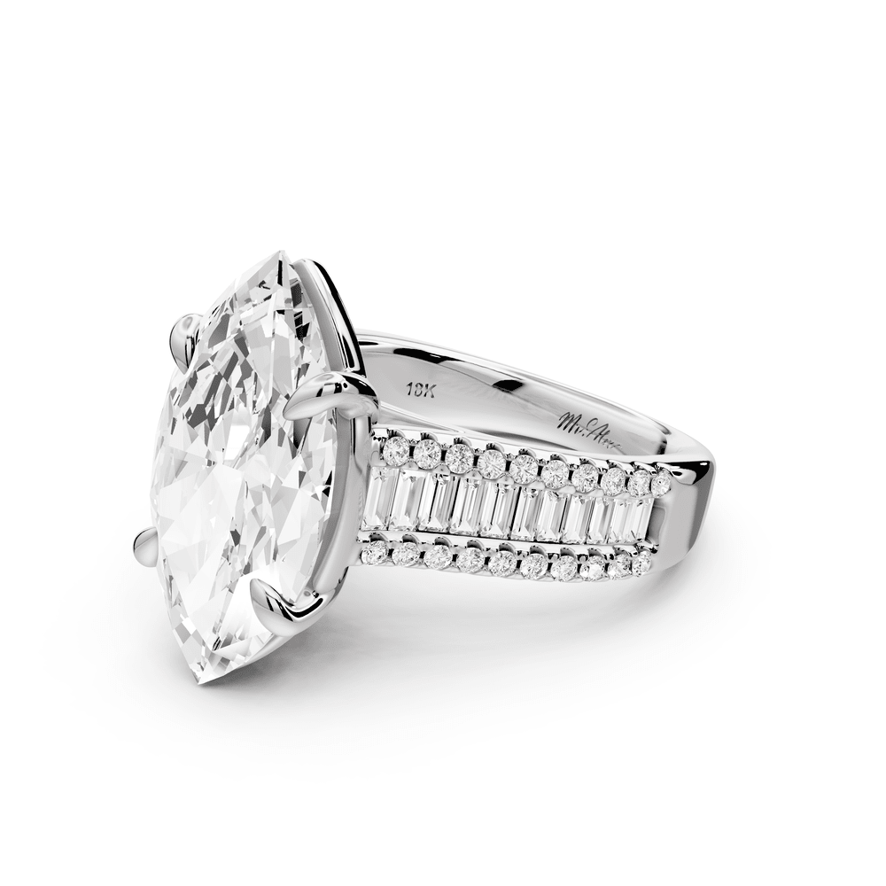 Estelle - 5ct 18k white gold marquise diamond with emerald and round cut accent stones half band cathedral engagement ring - Mr. Alex Jewelry