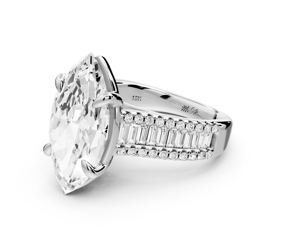 Estelle - 5ct 18k white gold marquise diamond with emerald and round cut accent stones half band cathedral engagement ring - Mr. Alex Jewelry