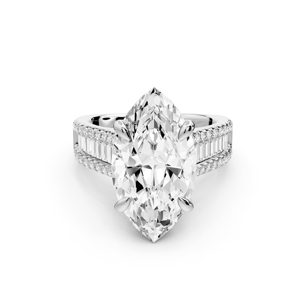 Estelle - 5ct 18k white gold marquise diamond with emerald and round cut accent stones half band cathedral engagement ring - Mr. Alex Jewelry