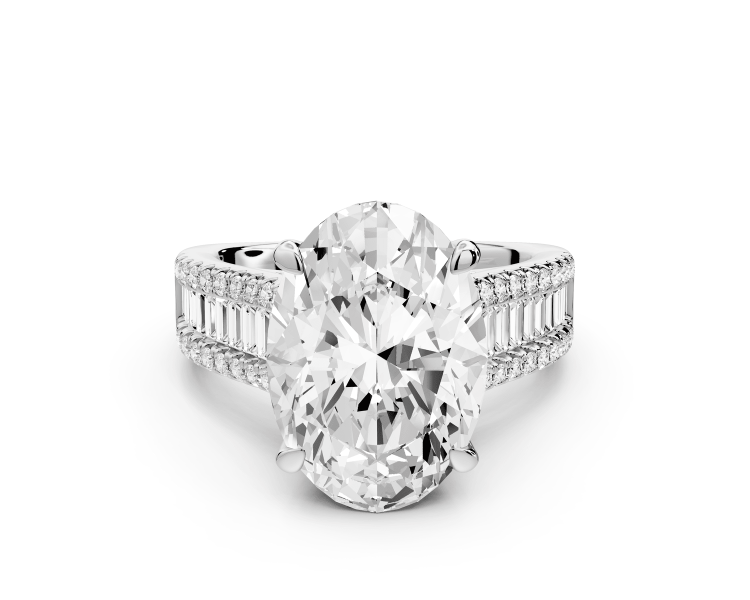 Estelle - 5ct 18k white gold oval diamond with emerald and round cut accent stones half band cathedral engagamengt ring - Mr. Alex Jewelry