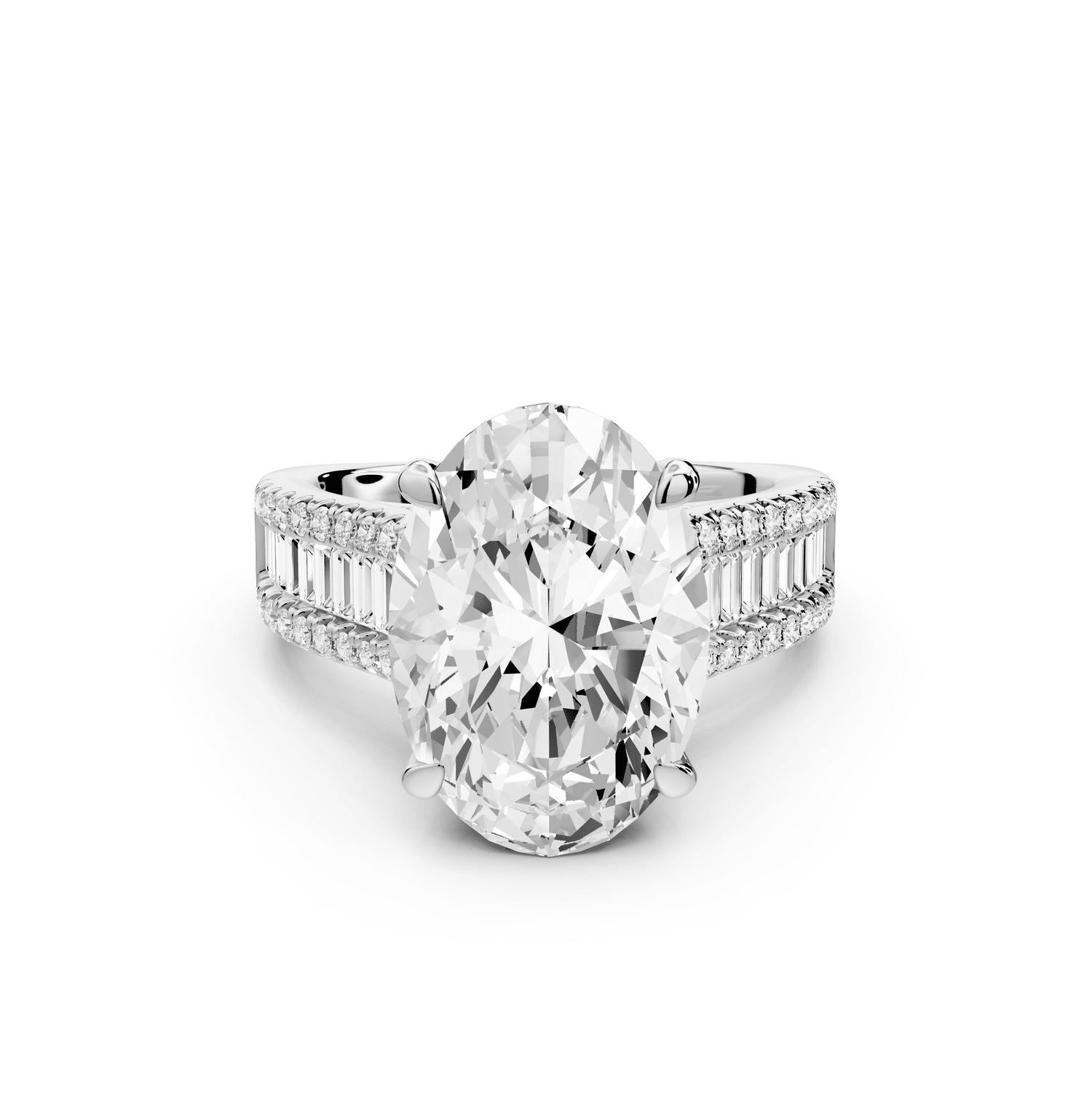 Estelle - 5ct 18k white gold oval diamond with emerald and round cut accent stones half band cathedral engagamengt ring - Mr. Alex Jewelry
