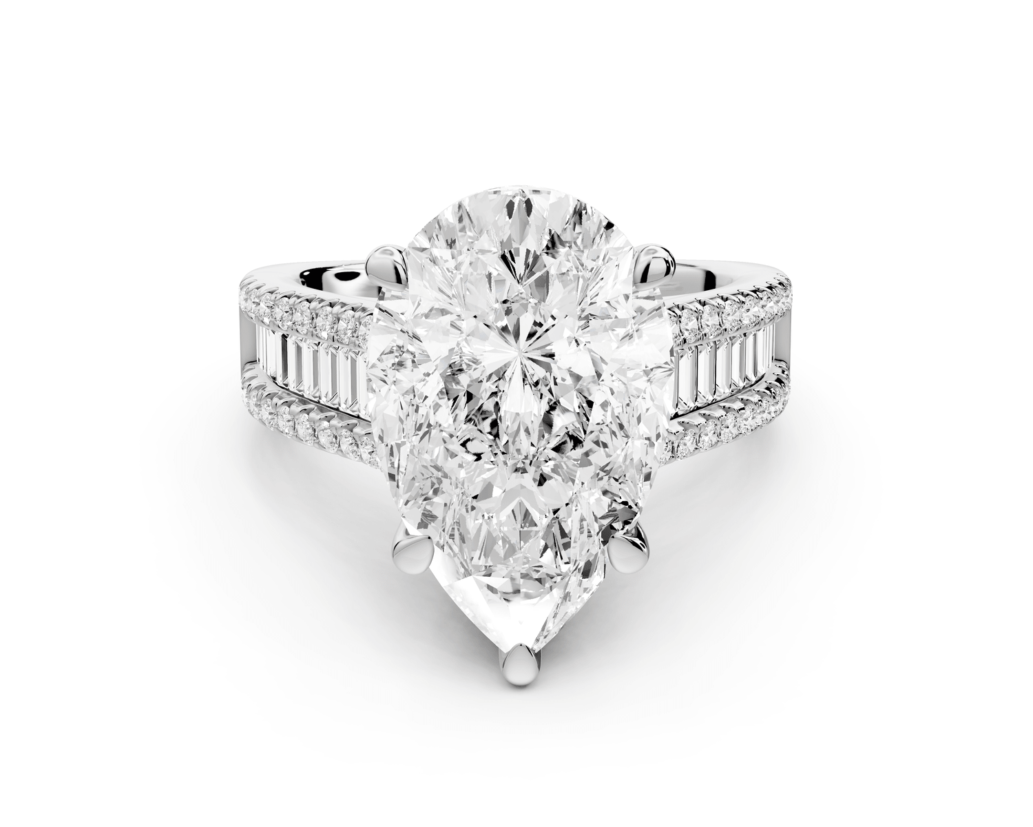 Estelle - 5ct 18k white gold pear diamond with emerald and round cut accent stones half band cathedral engagamengt ring - Mr. Alex Jewelry