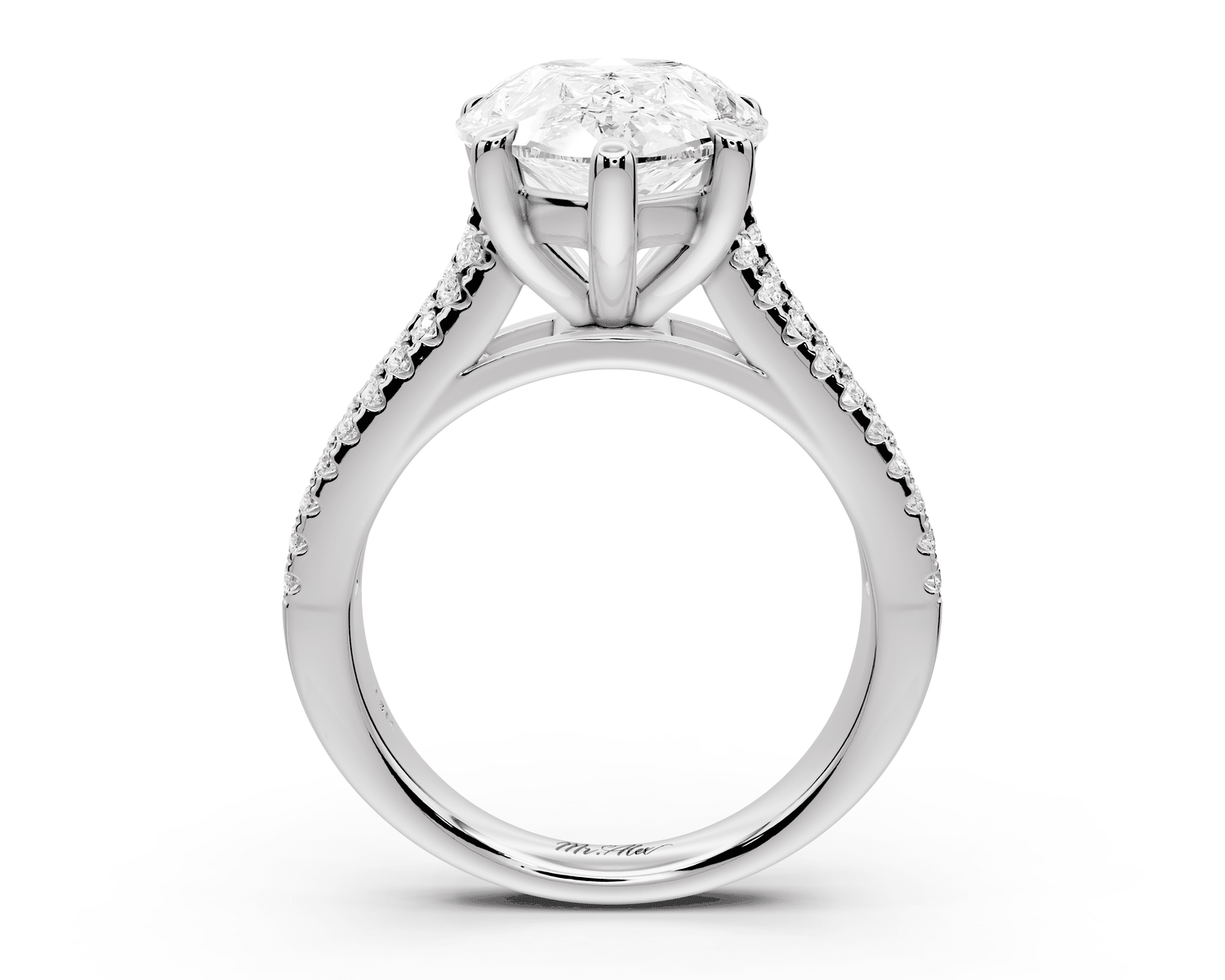 Estelle - 5ct 18k white gold pear diamond with emerald and round cut accent stones half band cathedral engagamengt ring - Mr. Alex Jewelry