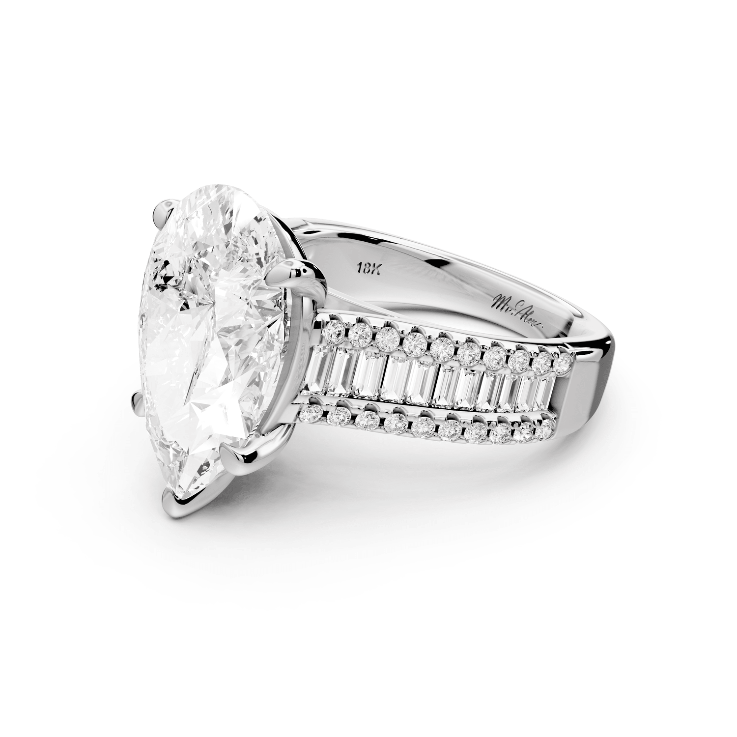 Estelle - 5ct 18k white gold pear diamond with emerald and round cut accent stones half band cathedral engagamengt ring - Mr. Alex Jewelry