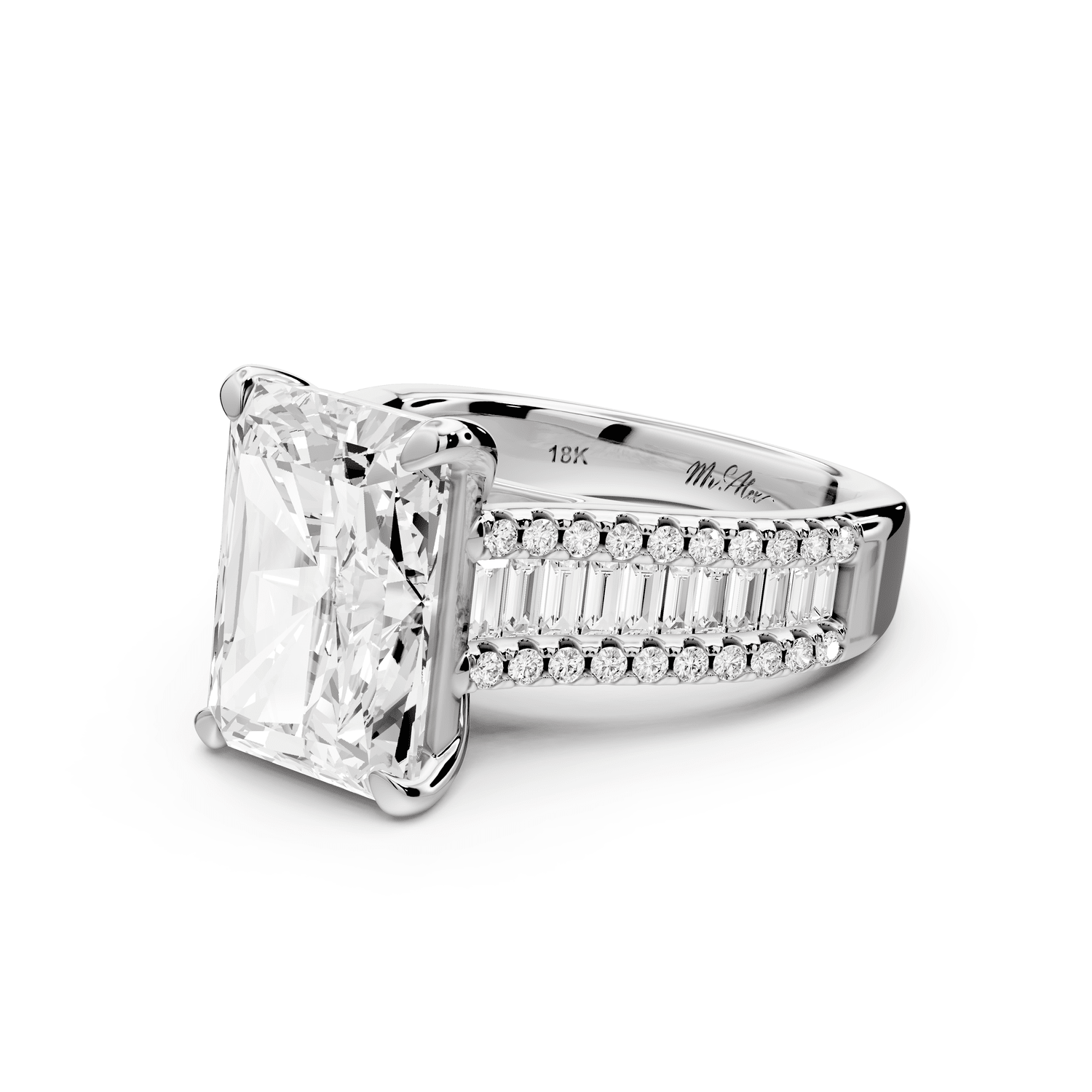 Estelle - 5ct 18k white gold radiant diamond with emerald and round cut accent stones half band cathedral engagement ring - Mr. Alex Jewelry