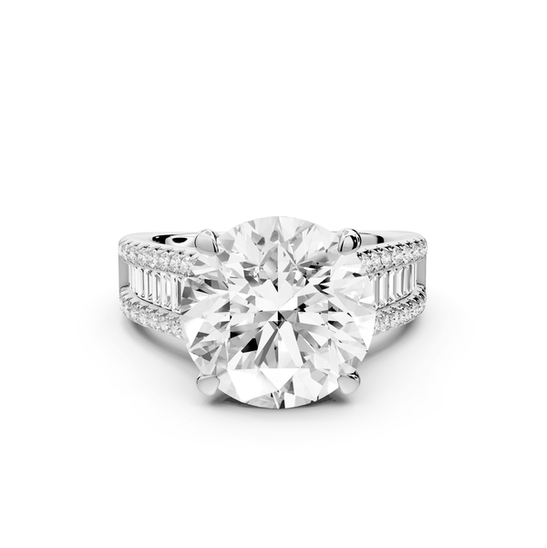 Estelle - 5ct 18k white gold round diamond with emerald and round cut accent stones half band cathedral engagamengt ring - Mr. Alex Jewelry