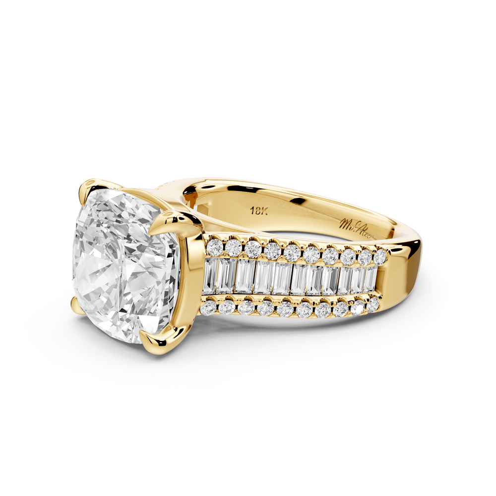 Estelle - 5ct 18k yellow gold cushion diamond with emerald and round cut accent stones half band cathedral engagement ring - Mr. Alex Jewelry