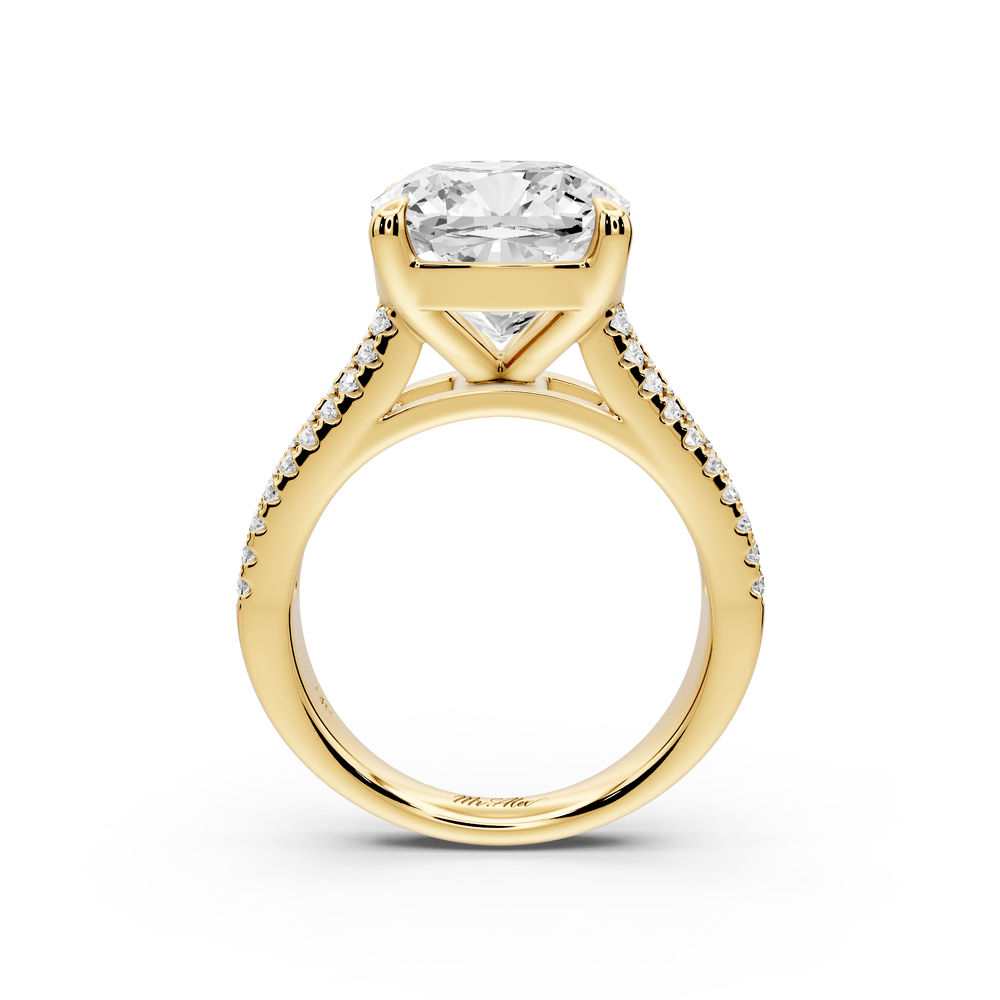 Estelle - 5ct 18k yellow gold cushion diamond with emerald and round cut accent stones half band cathedral engagement ring - Mr. Alex Jewelry