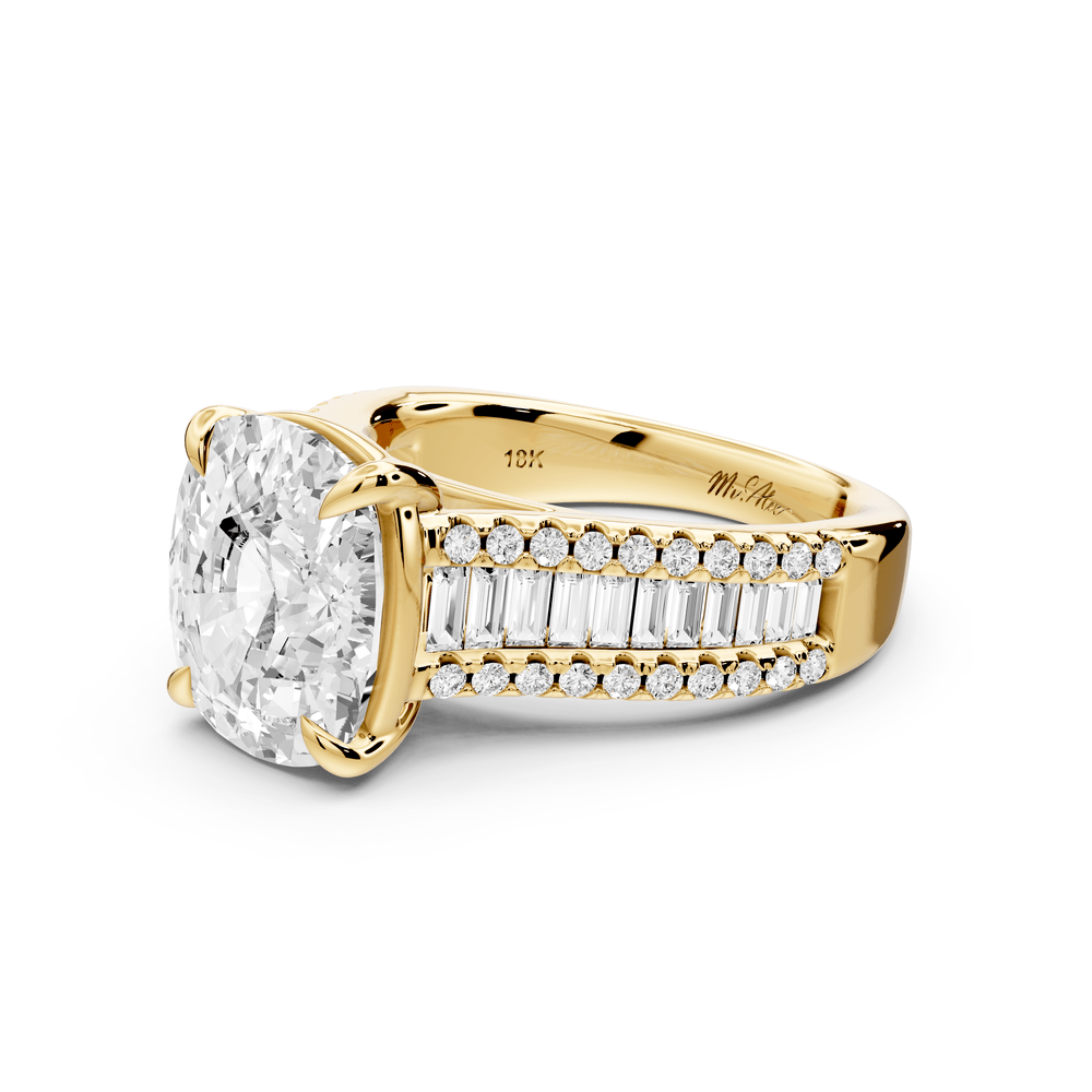 Estelle - 5ct 18k yellow gold ecushion diamond with emerald and round cut accent stones half band cathedral engagement ring - Mr. Alex Jewelry