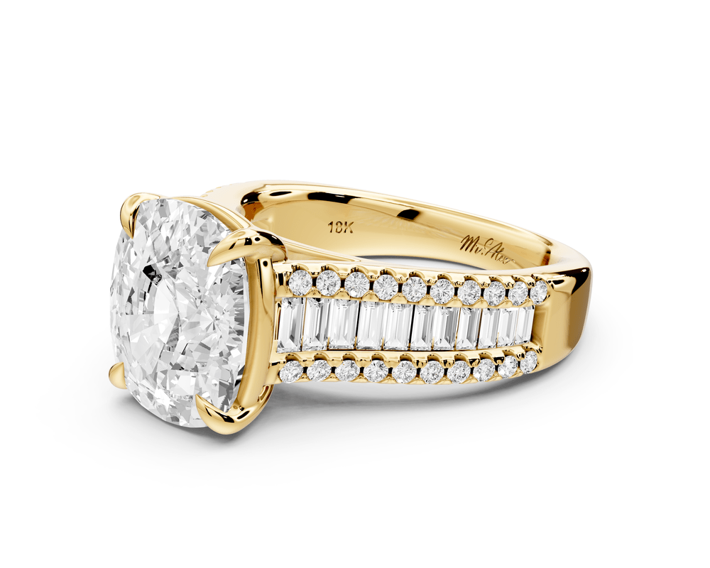 Estelle - 5ct 18k yellow gold ecushion diamond with emerald and round cut accent stones half band cathedral engagement ring - Mr. Alex Jewelry