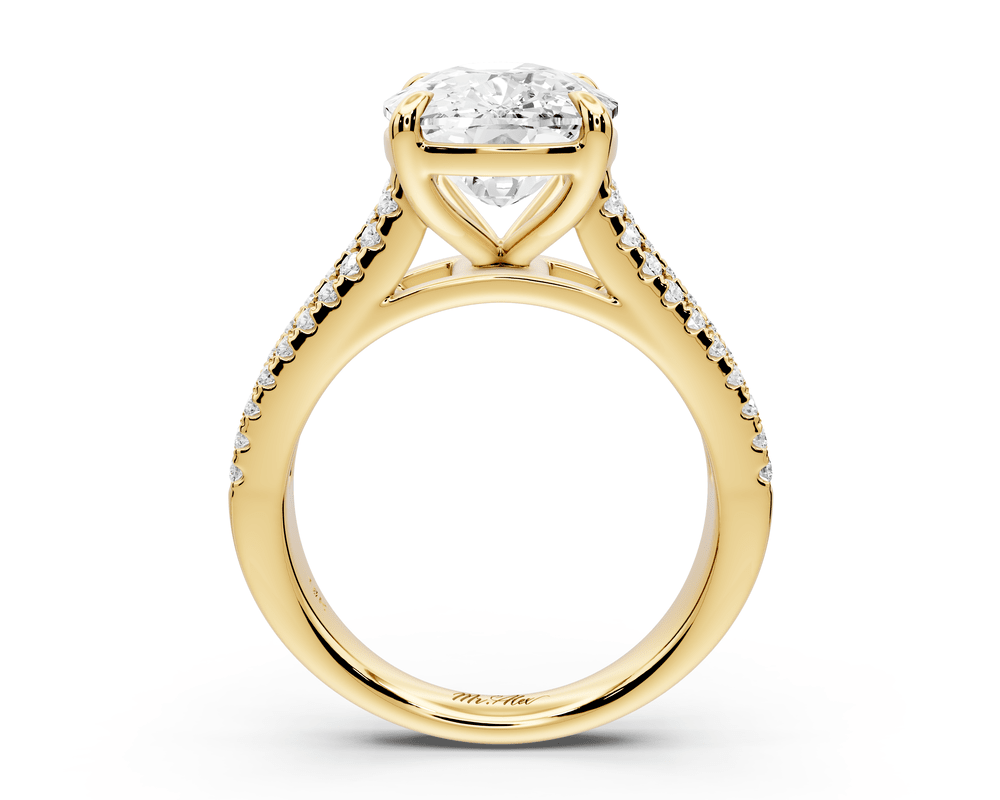 Estelle - 5ct 18k yellow gold ecushion diamond with emerald and round cut accent stones half band cathedral engagement ring - Mr. Alex Jewelry