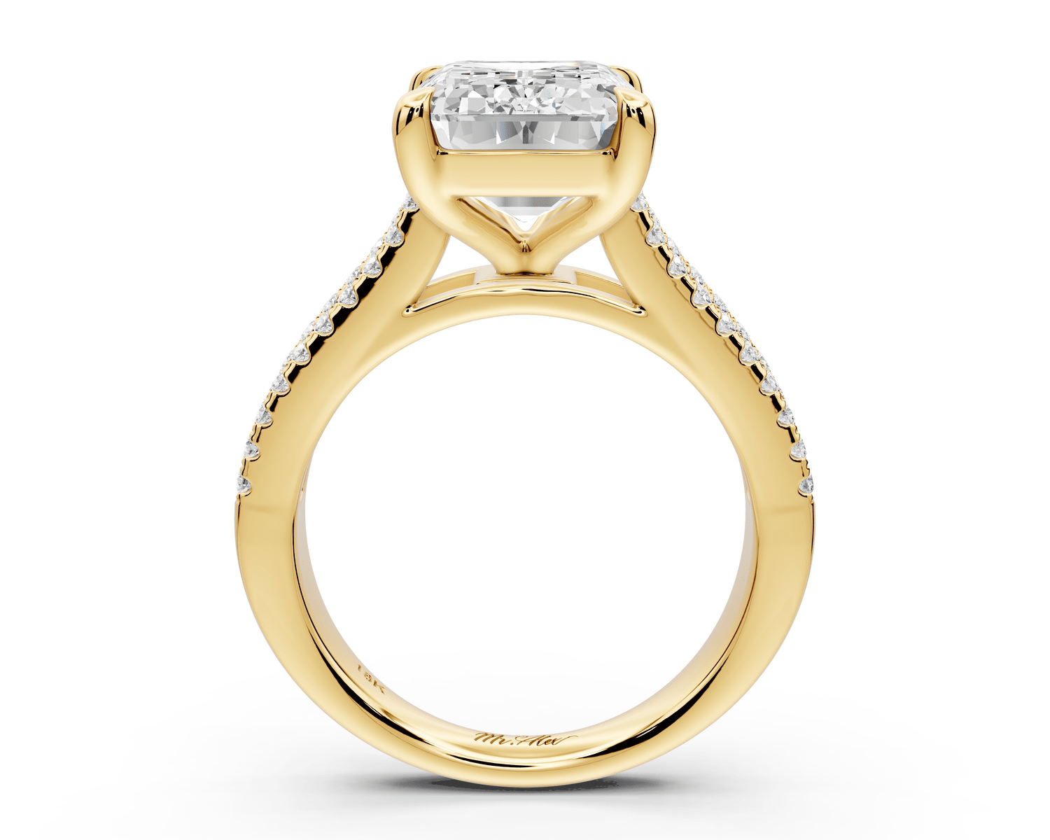 Estelle - 5ct 18k yellow gold emerald diamond with emerald and round cut accent stones half band cathedral engagamengt ring - Mr. Alex Jewelry