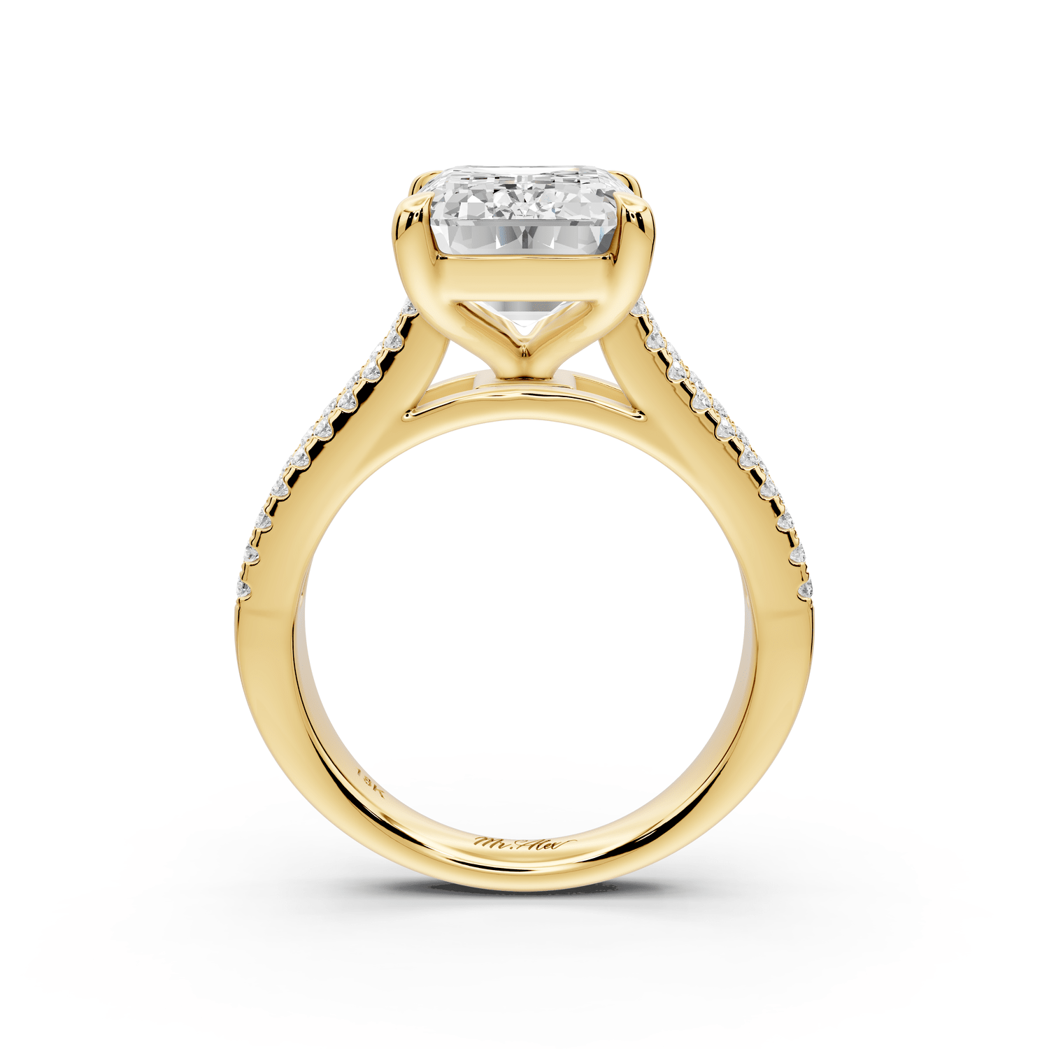 Estelle - 5ct 18k yellow gold emerald diamond with emerald and round cut accent stones half band cathedral engagamengt ring - Mr. Alex Jewelry