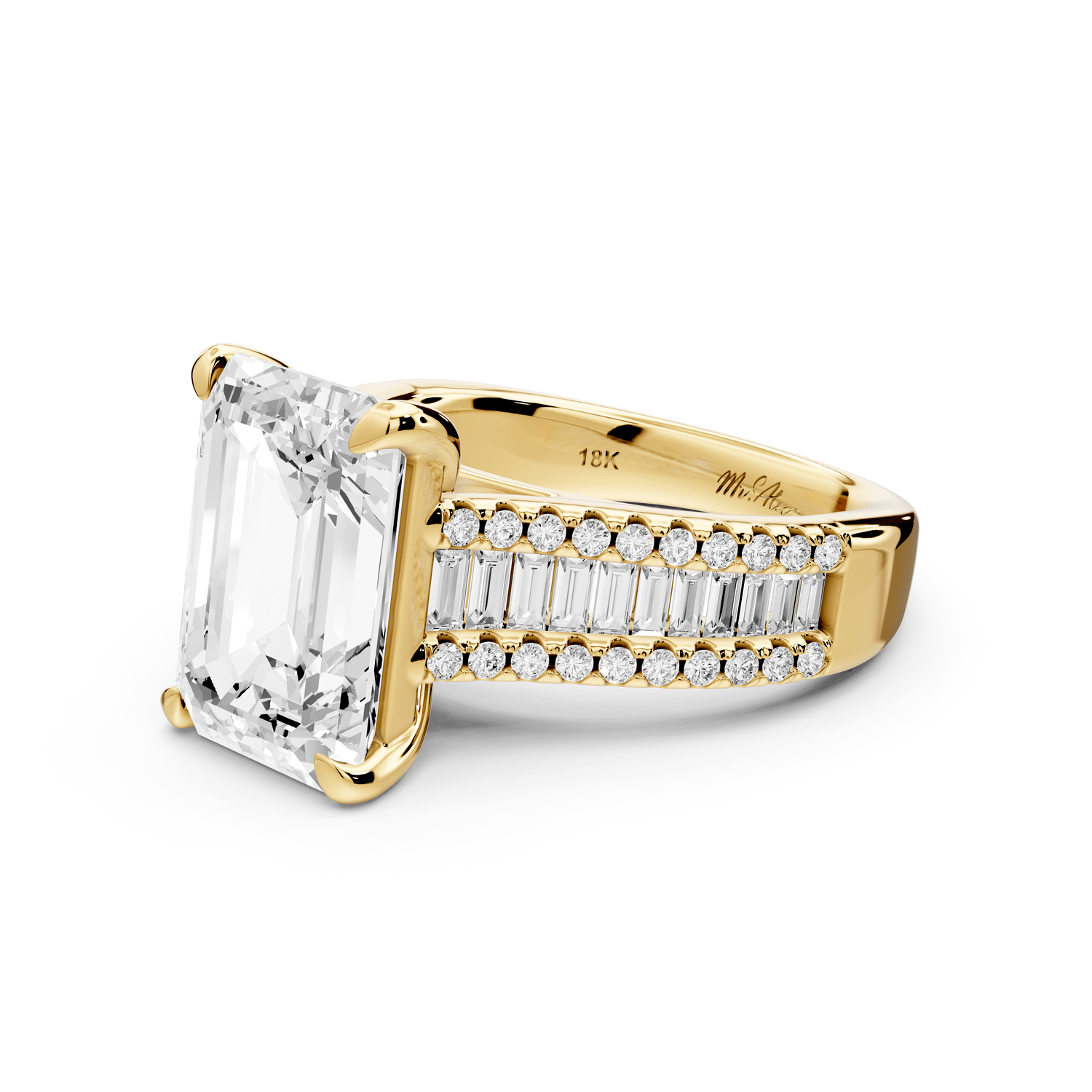 Estelle - 5ct 18k yellow gold emerald diamond with emerald and round cut accent stones half band cathedral engagamengt ring - Mr. Alex Jewelry