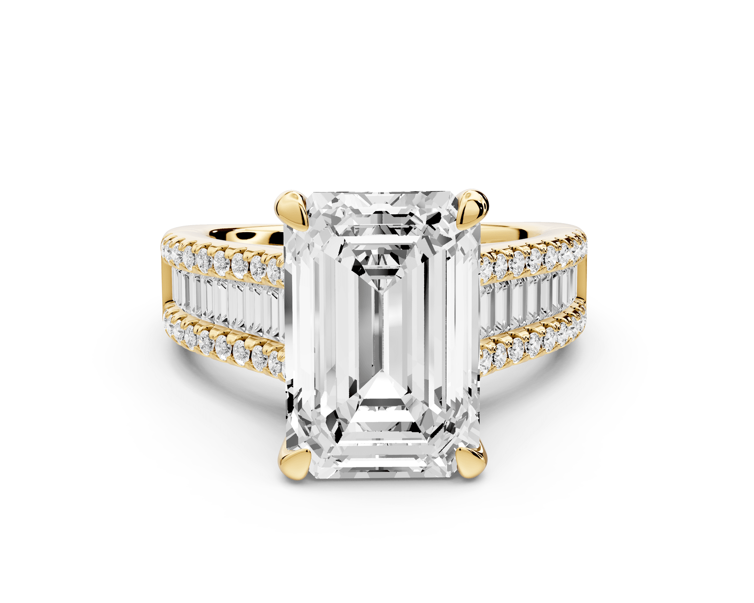 Estelle - 5ct 18k yellow gold emerald diamond with emerald and round cut accent stones half band cathedral engagamengt ring - Mr. Alex Jewelry