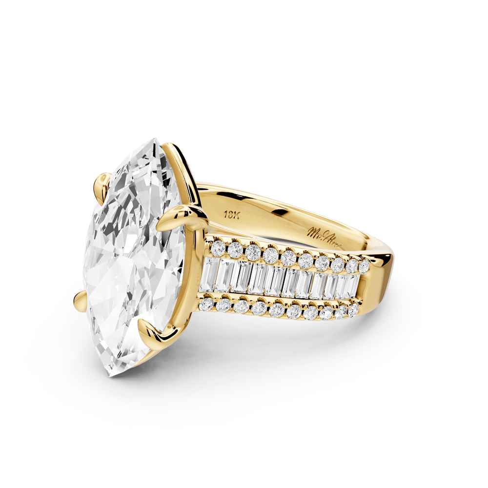 Estelle - 5ct 18k yellow gold marquise diamond with emerald and round cut accent stones half band cathedral engagement ring - Mr. Alex Jewelry