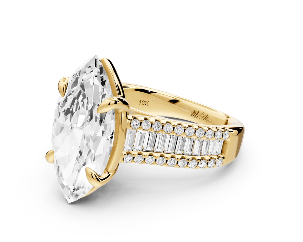 Estelle - 5ct 18k yellow gold marquise diamond with emerald and round cut accent stones half band cathedral engagement ring - Mr. Alex Jewelry