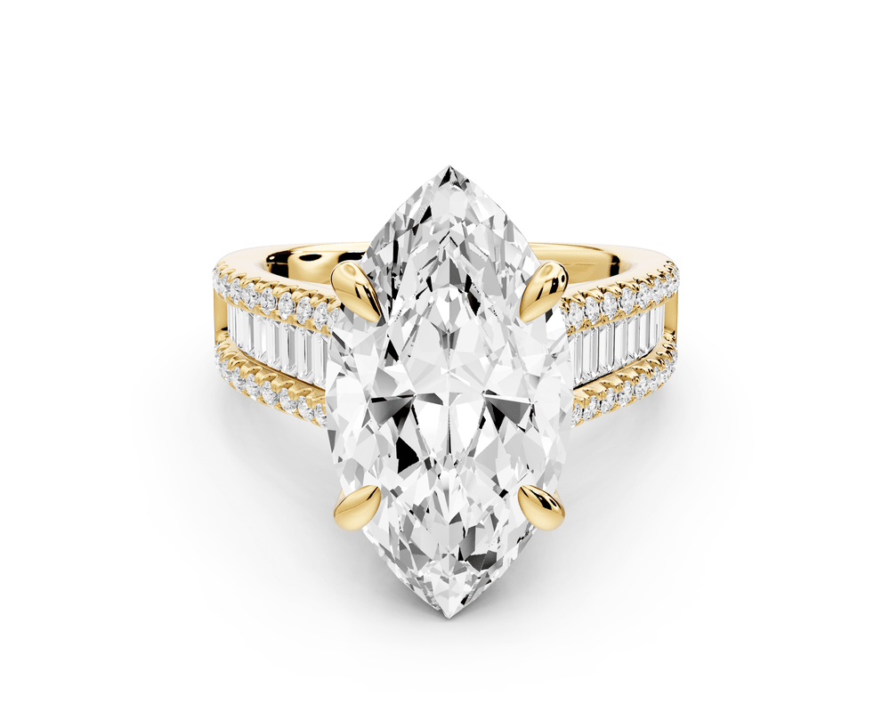 Estelle - 5ct 18k yellow gold marquise diamond with emerald and round cut accent stones half band cathedral engagement ring - Mr. Alex Jewelry