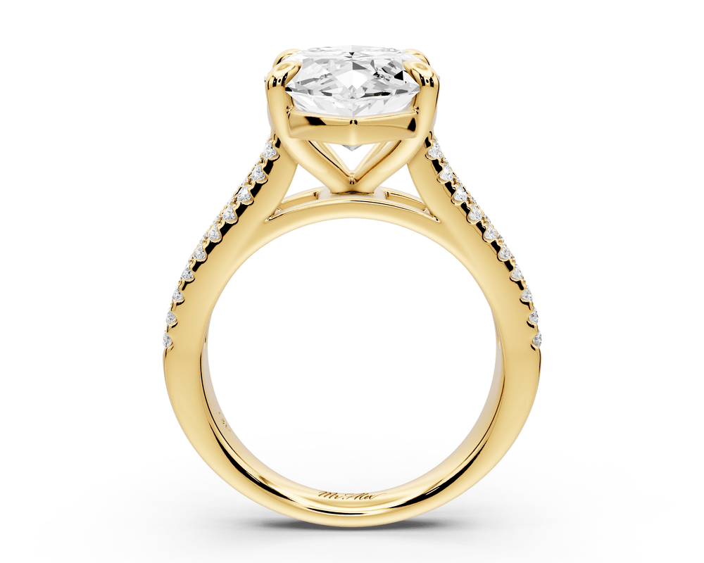 Estelle - 5ct 18k yellow gold marquise diamond with emerald and round cut accent stones half band cathedral engagement ring - Mr. Alex Jewelry