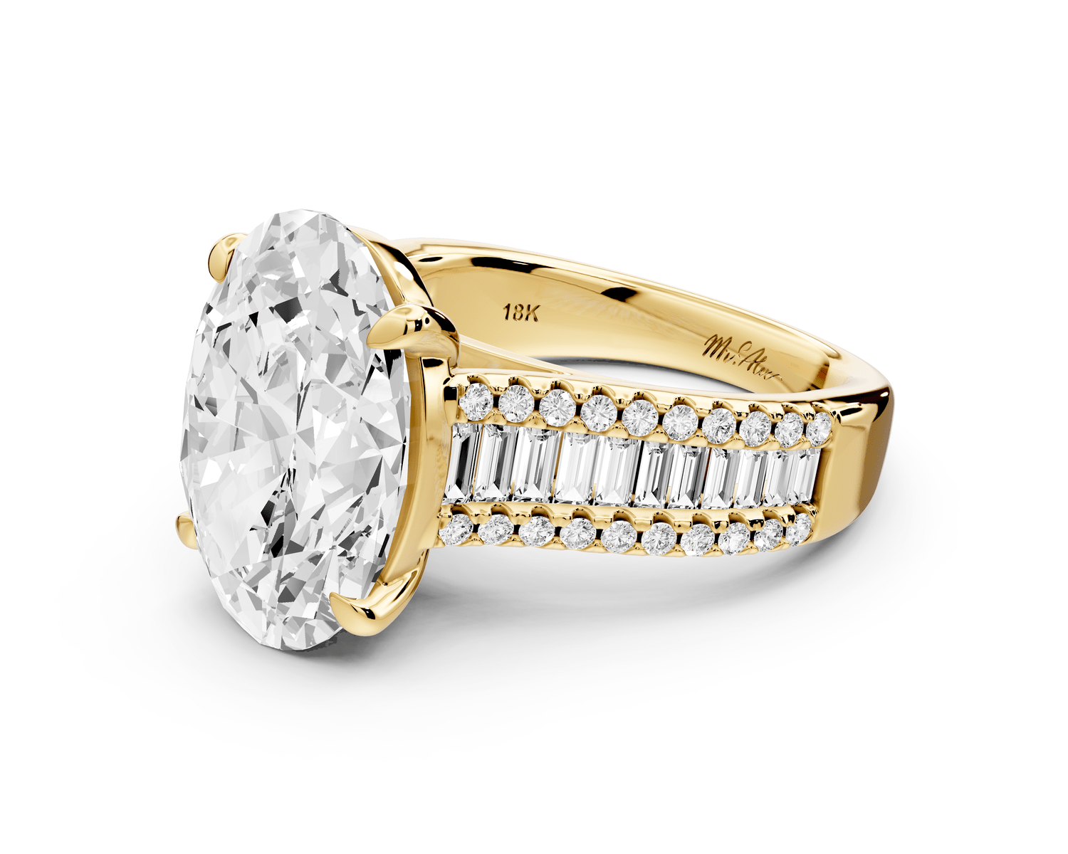 Estelle - 5ct 18k yellow gold oval diamond with emerald and round cut accent stones half band cathedral engagamengt ring - Mr. Alex Jewelry