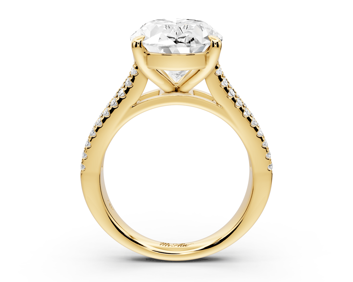 Estelle - 5ct 18k yellow gold oval diamond with emerald and round cut accent stones half band cathedral engagamengt ring - Mr. Alex Jewelry