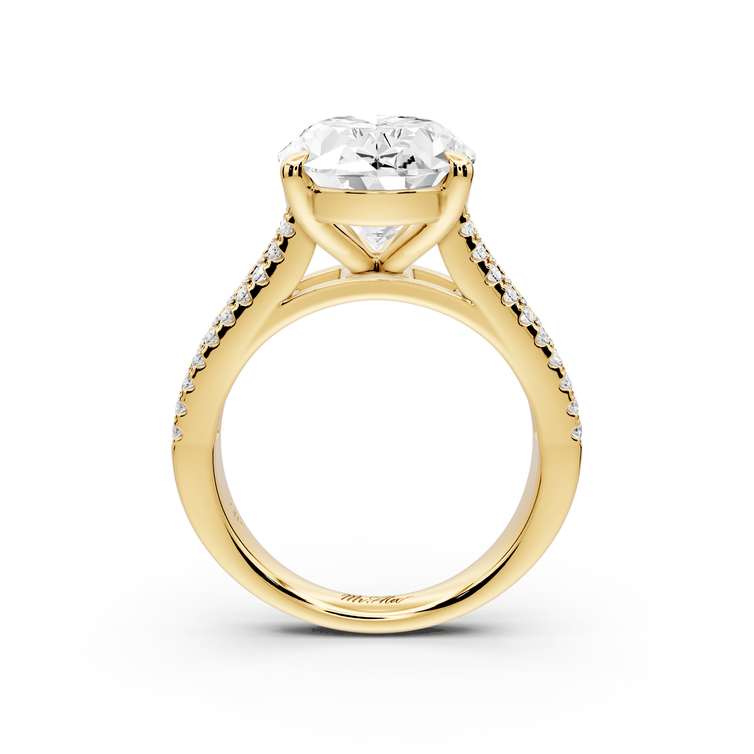 Estelle - 5ct 18k yellow gold oval diamond with emerald and round cut accent stones half band cathedral engagamengt ring - Mr. Alex Jewelry