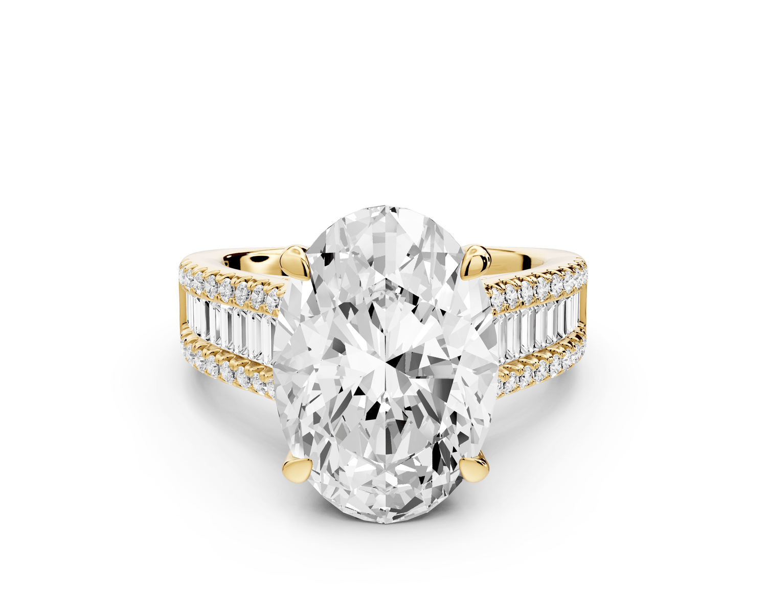 Estelle - 5ct 18k yellow gold oval diamond with emerald and round cut accent stones half band cathedral engagamengt ring - Mr. Alex Jewelry