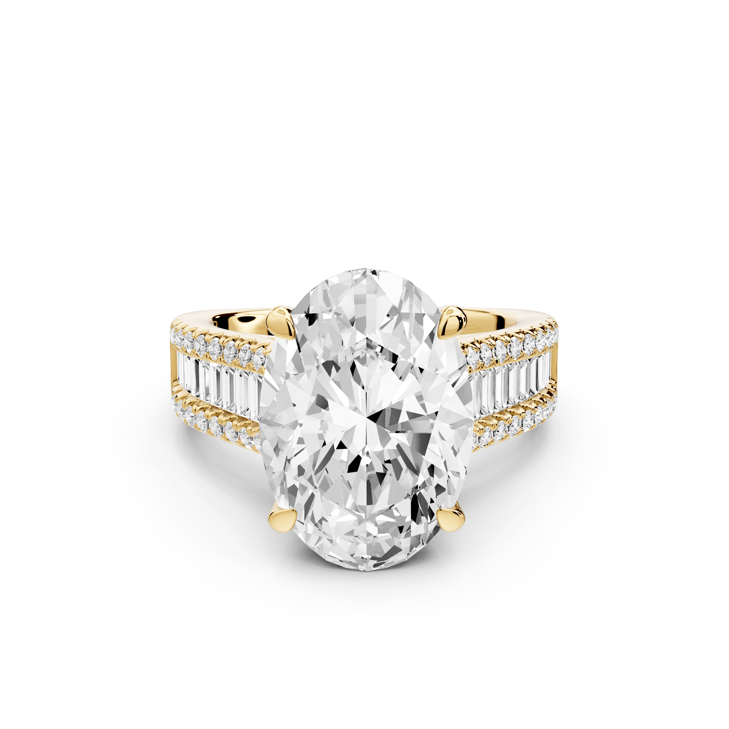 Estelle - 5ct 18k yellow gold oval diamond with emerald and round cut accent stones half band cathedral engagamengt ring - Mr. Alex Jewelry