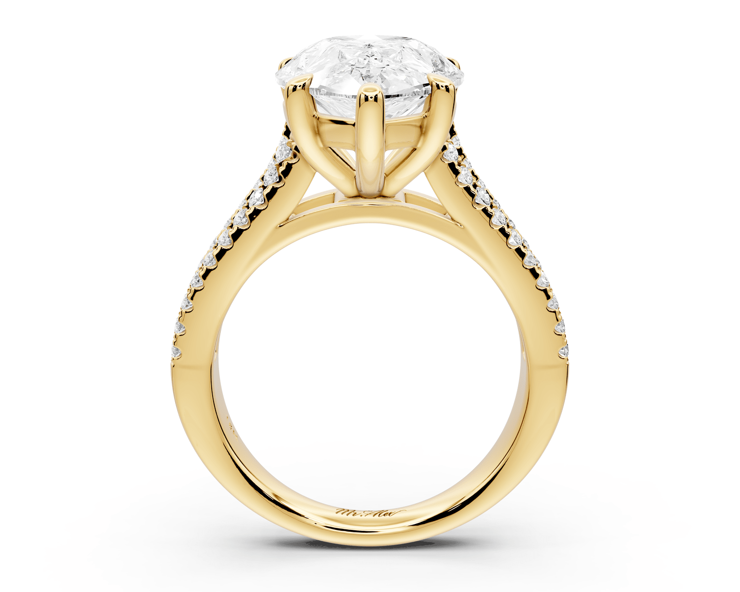 Estelle - 5ct 18k yellow gold pear diamond with emerald and round cut accent stones half band cathedral engagamengt ring - Mr. Alex Jewelry