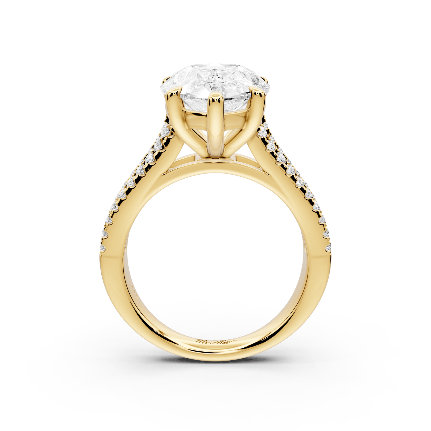 Estelle - 5ct 18k yellow gold pear diamond with emerald and round cut accent stones half band cathedral engagamengt ring - Mr. Alex Jewelry