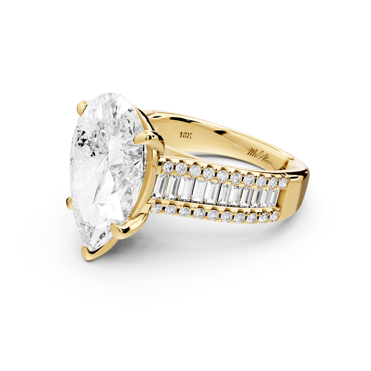 Estelle - 5ct 18k yellow gold pear diamond with emerald and round cut accent stones half band cathedral engagamengt ring - Mr. Alex Jewelry