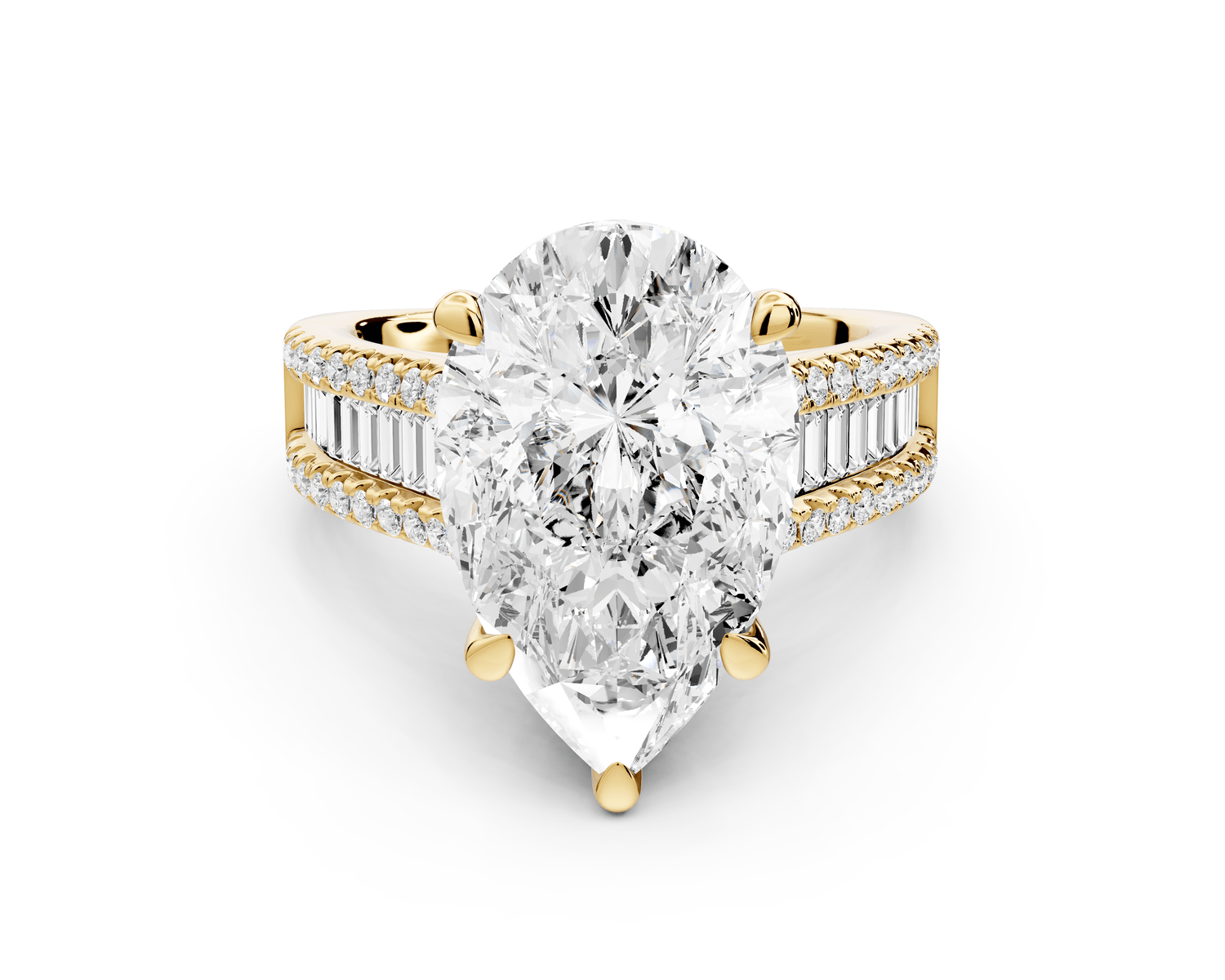 Estelle - 5ct 18k yellow gold pear diamond with emerald and round cut accent stones half band cathedral engagamengt ring - Mr. Alex Jewelry