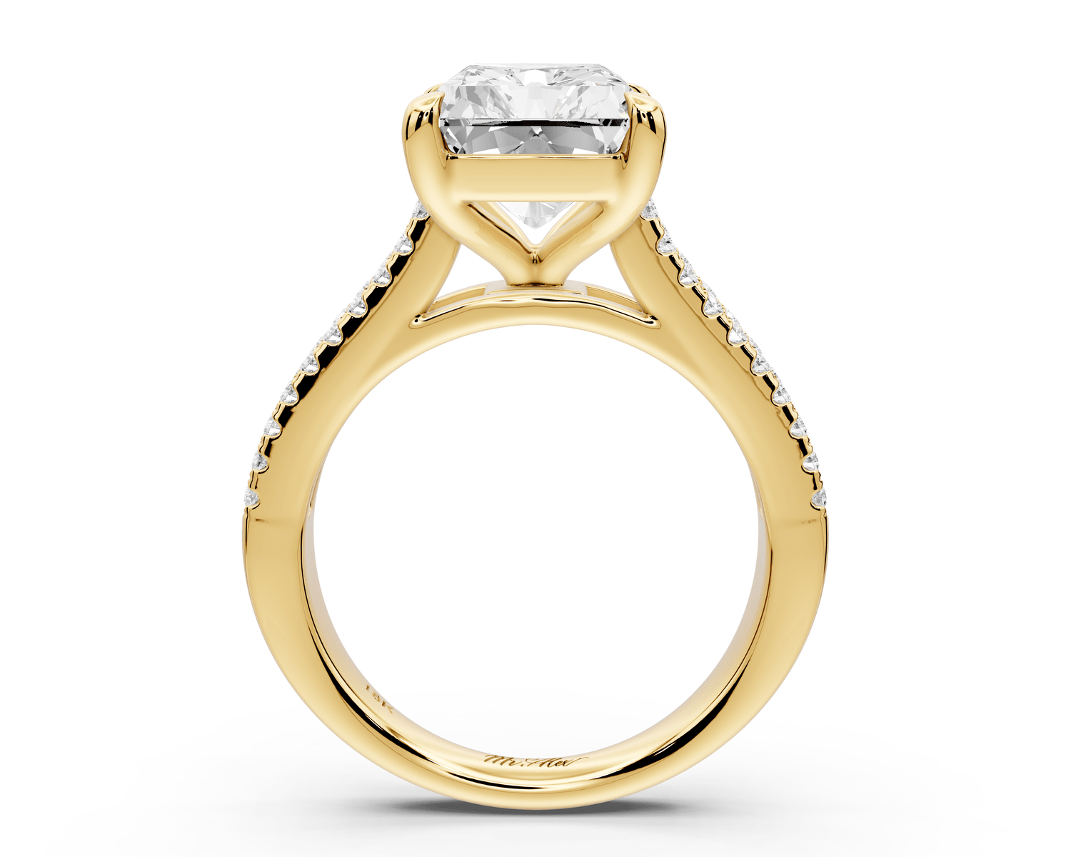 Estelle - 5ct 18k yellow gold radiant diamond with emerald and round cut accent stones half band cathedral engagement ring - Mr. Alex Jewelry