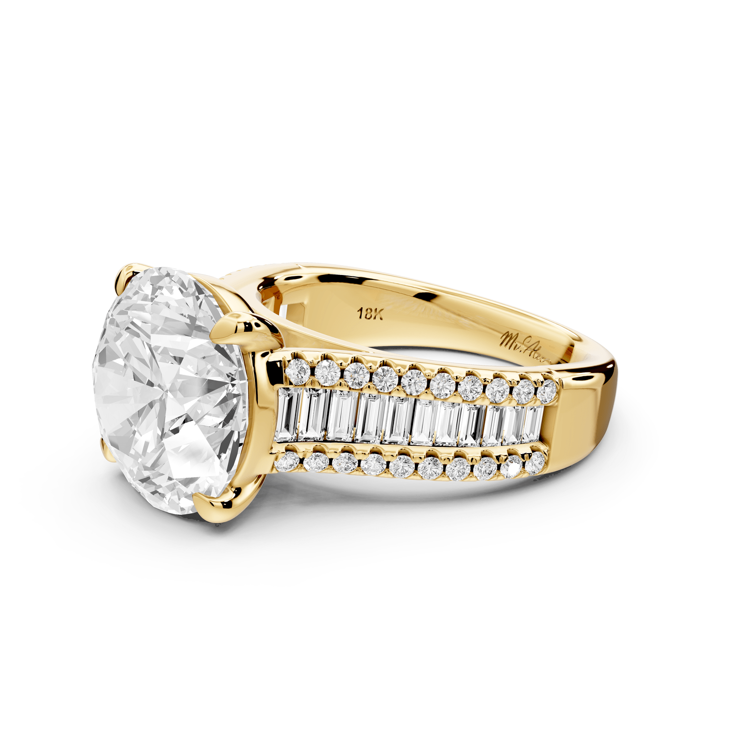 Estelle - 5ct 18k yellow gold round diamond with emerald and round cut accent stones half band cathedral engagamengt ring - Mr. Alex Jewelry