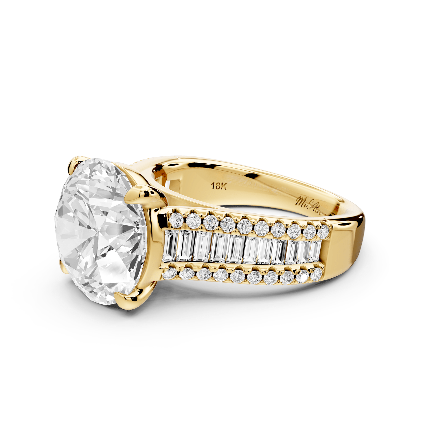 Estelle - 5ct 18k yellow gold round diamond with emerald and round cut accent stones half band cathedral engagamengt ring - Mr. Alex Jewelry