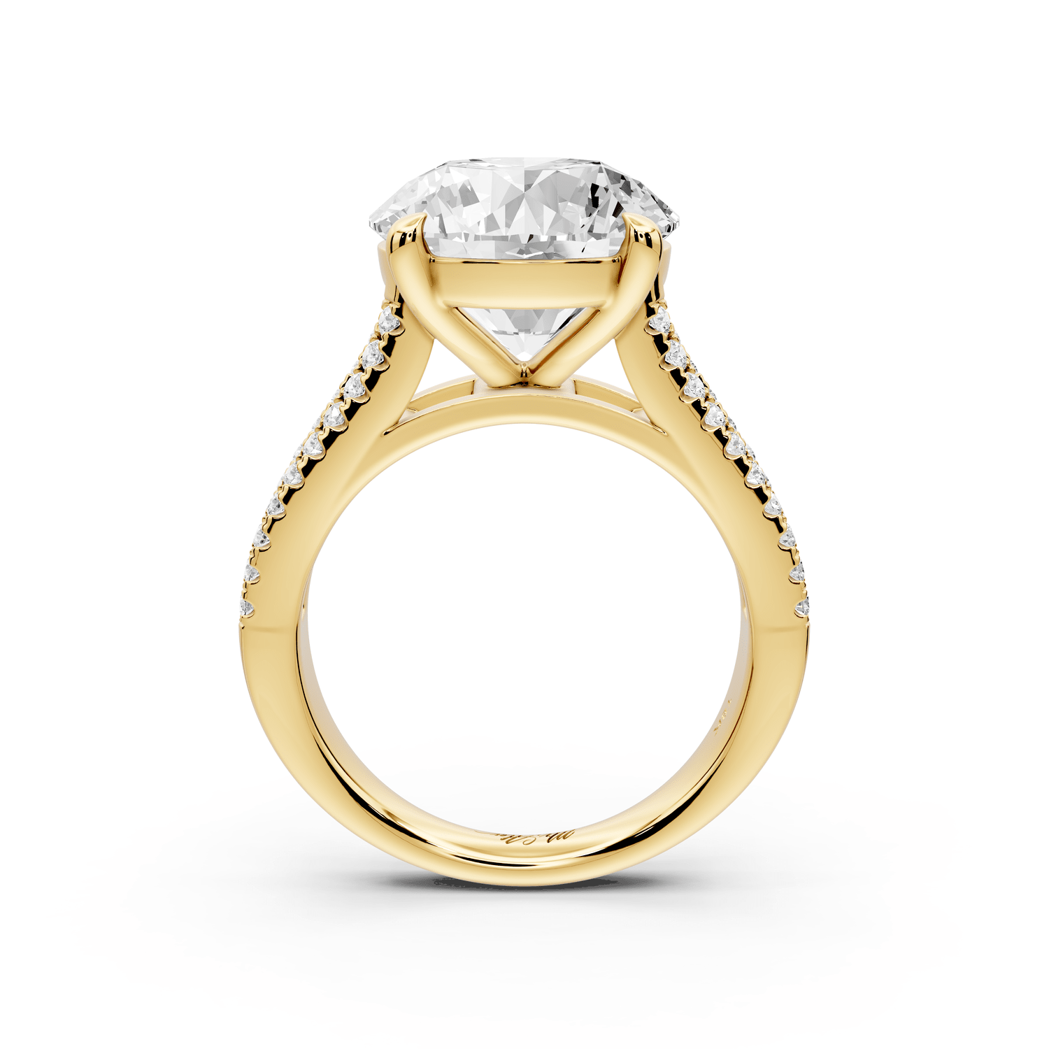 Estelle - 5ct 18k yellow gold round diamond with emerald and round cut accent stones half band cathedral engagamengt ring - Mr. Alex Jewelry