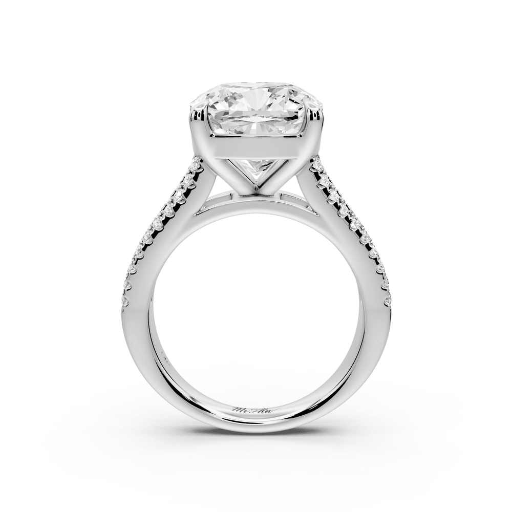 Estelle - 5ct platinum cushion diamond with emerald and round cut accent stones half band cathedral engagement ring - Mr. Alex Jewelry