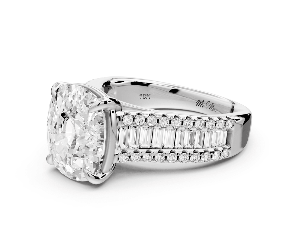 Estelle - 5ct platinum ecushion diamond with emerald and round cut accent stones half band cathedral engagement ring - Mr. Alex Jewelry