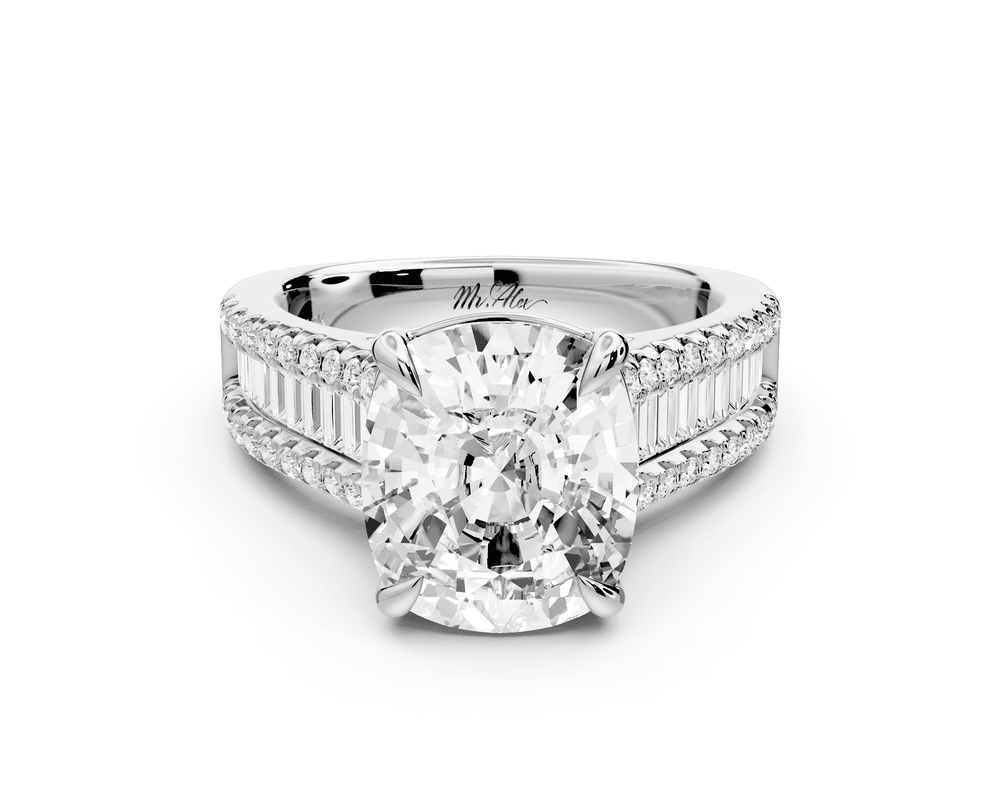 Estelle - 5ct platinum ecushion diamond with emerald and round cut accent stones half band cathedral engagement ring - Mr. Alex Jewelry